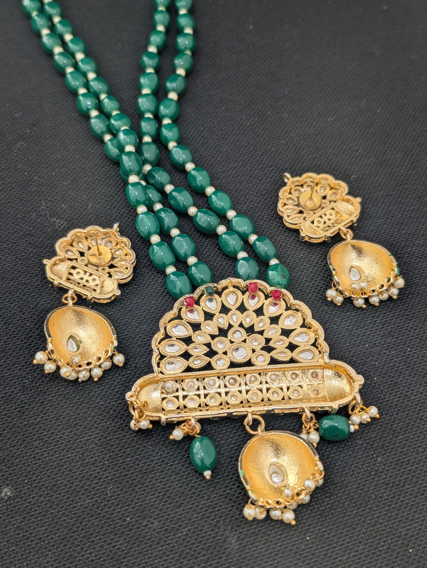 Dual strand Oval bead Necklace Kundan Pendant and Earrings set