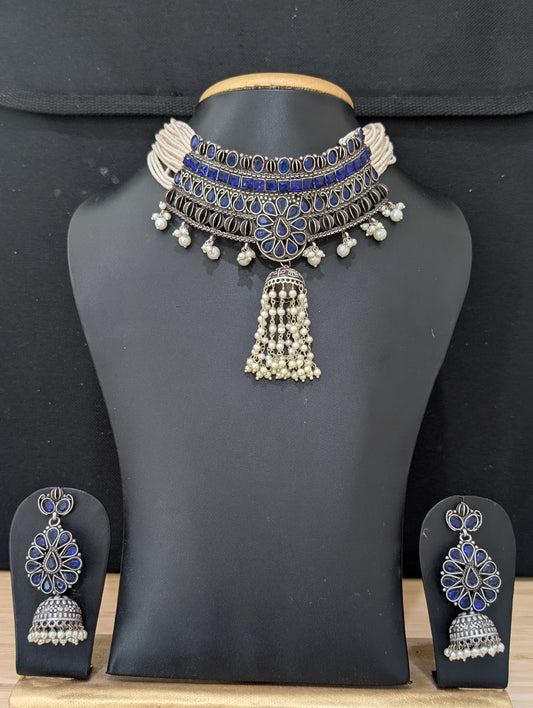 Jhumka dangle Grand Antique Silver Statement Choker set