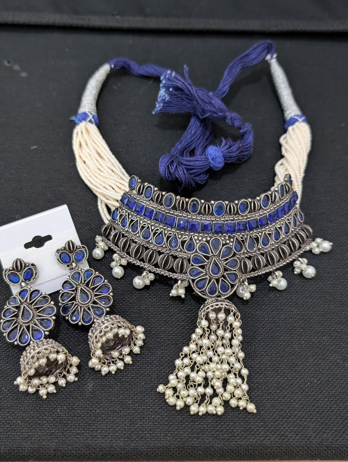 Jhumka dangle Grand Antique Silver Statement Choker set