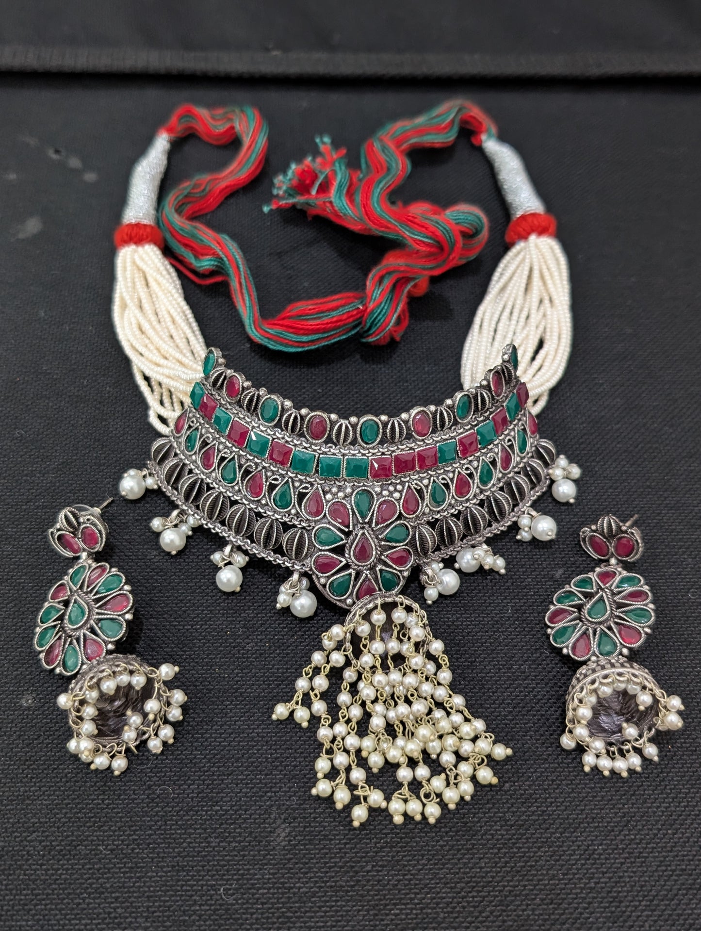 Jhumka dangle Grand Antique Silver Statement Choker set