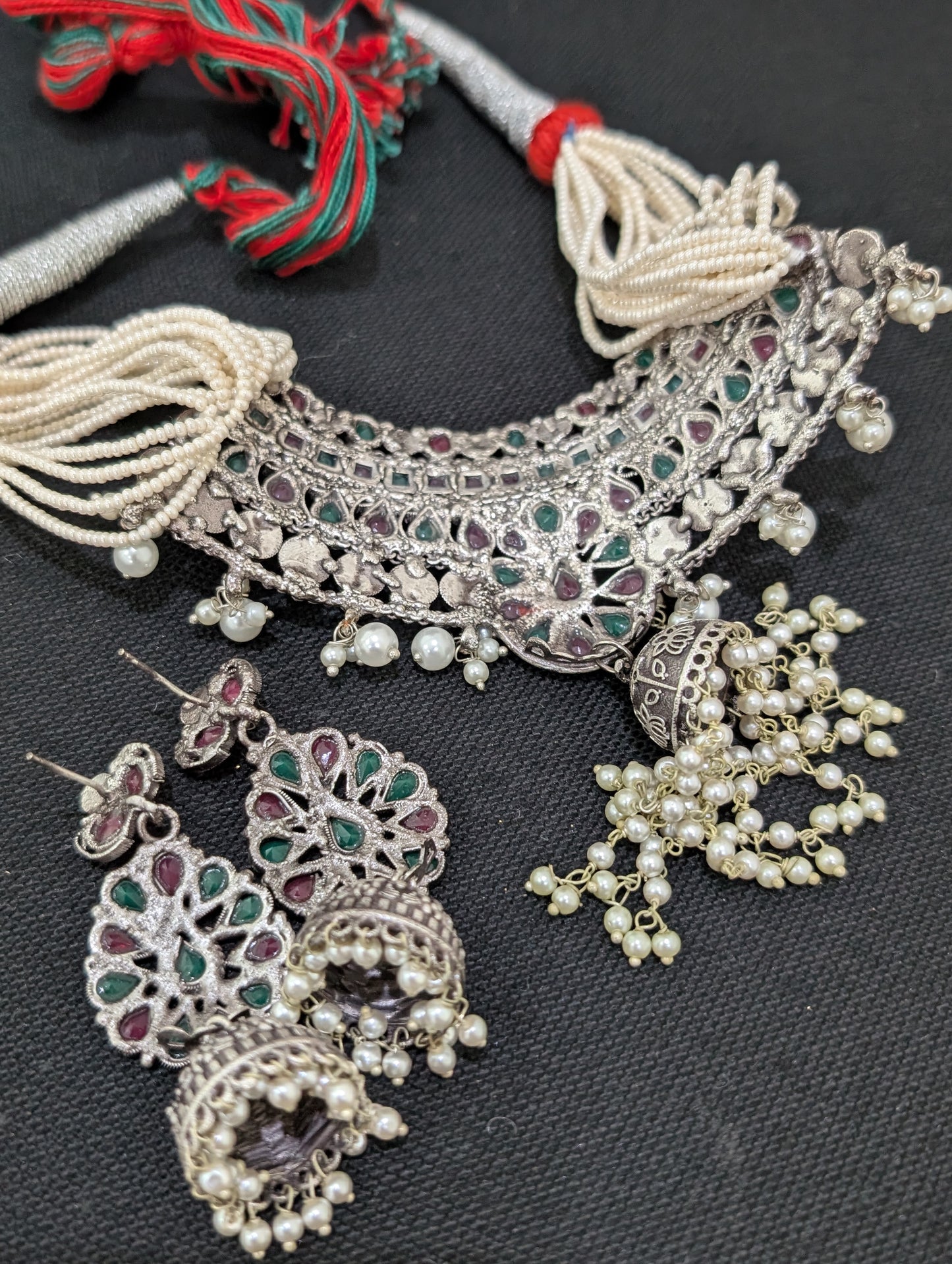 Jhumka dangle Grand Antique Silver Statement Choker set
