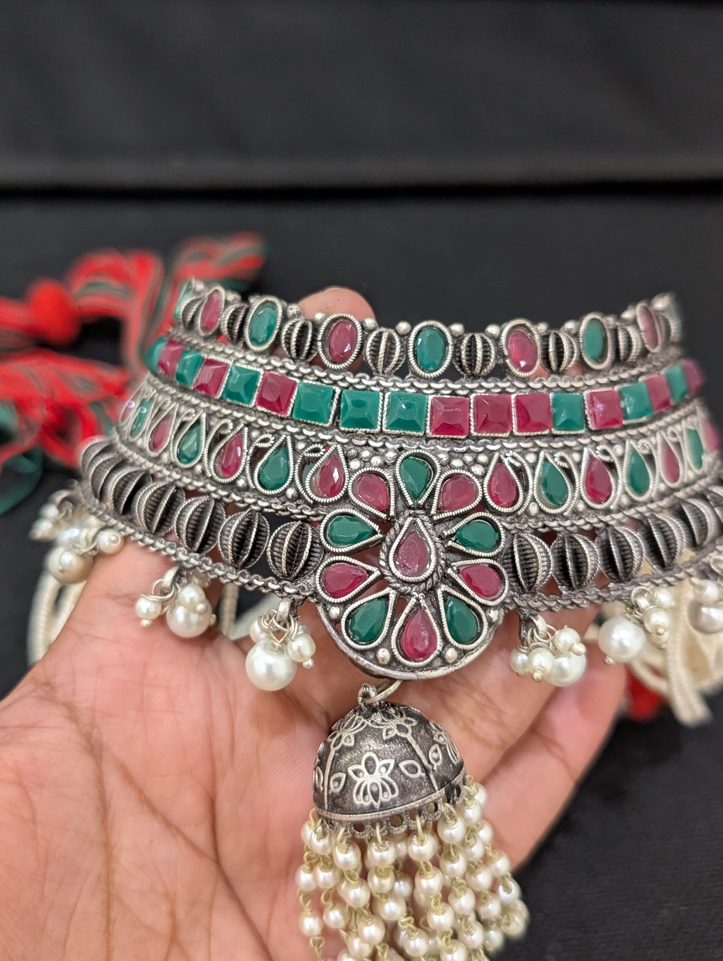 Jhumka dangle Grand Antique Silver Statement Choker set