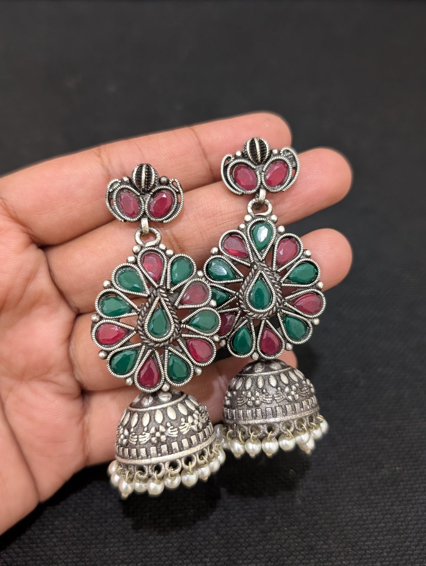 Jhumka dangle Grand Antique Silver Statement Choker set