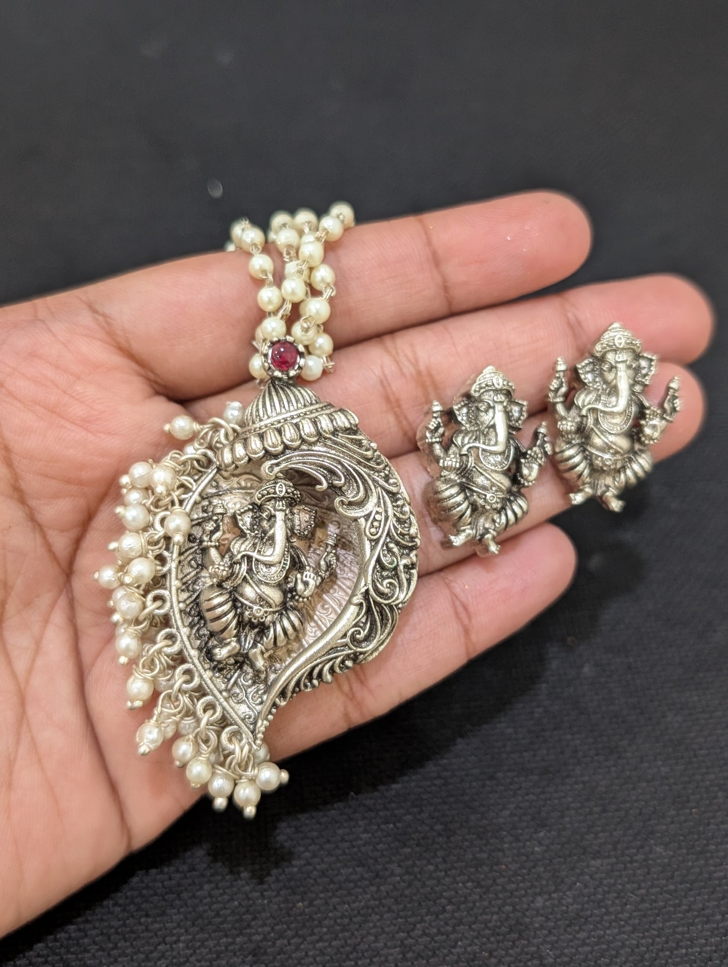 Silver plated Lord Ganesh Pendant and Stud earrings set