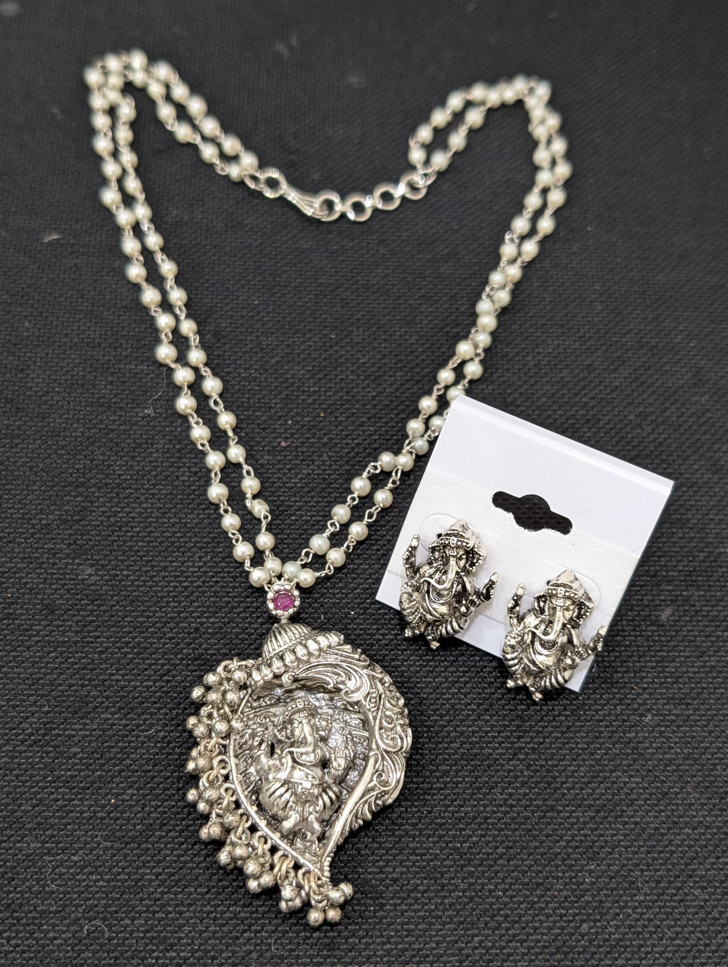 Silver plated Lord Ganesh Pendant and Stud earrings set