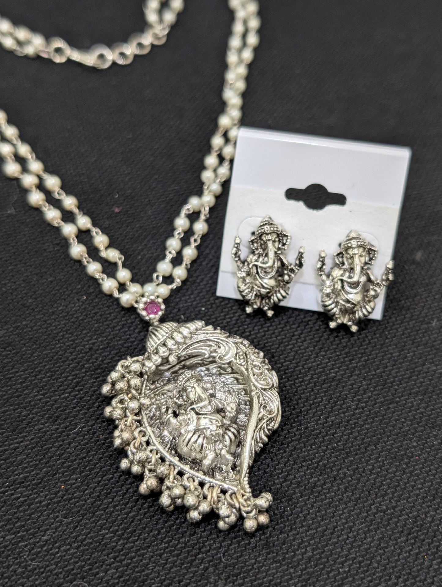 Silver plated Lord Ganesh Pendant and Stud earrings set