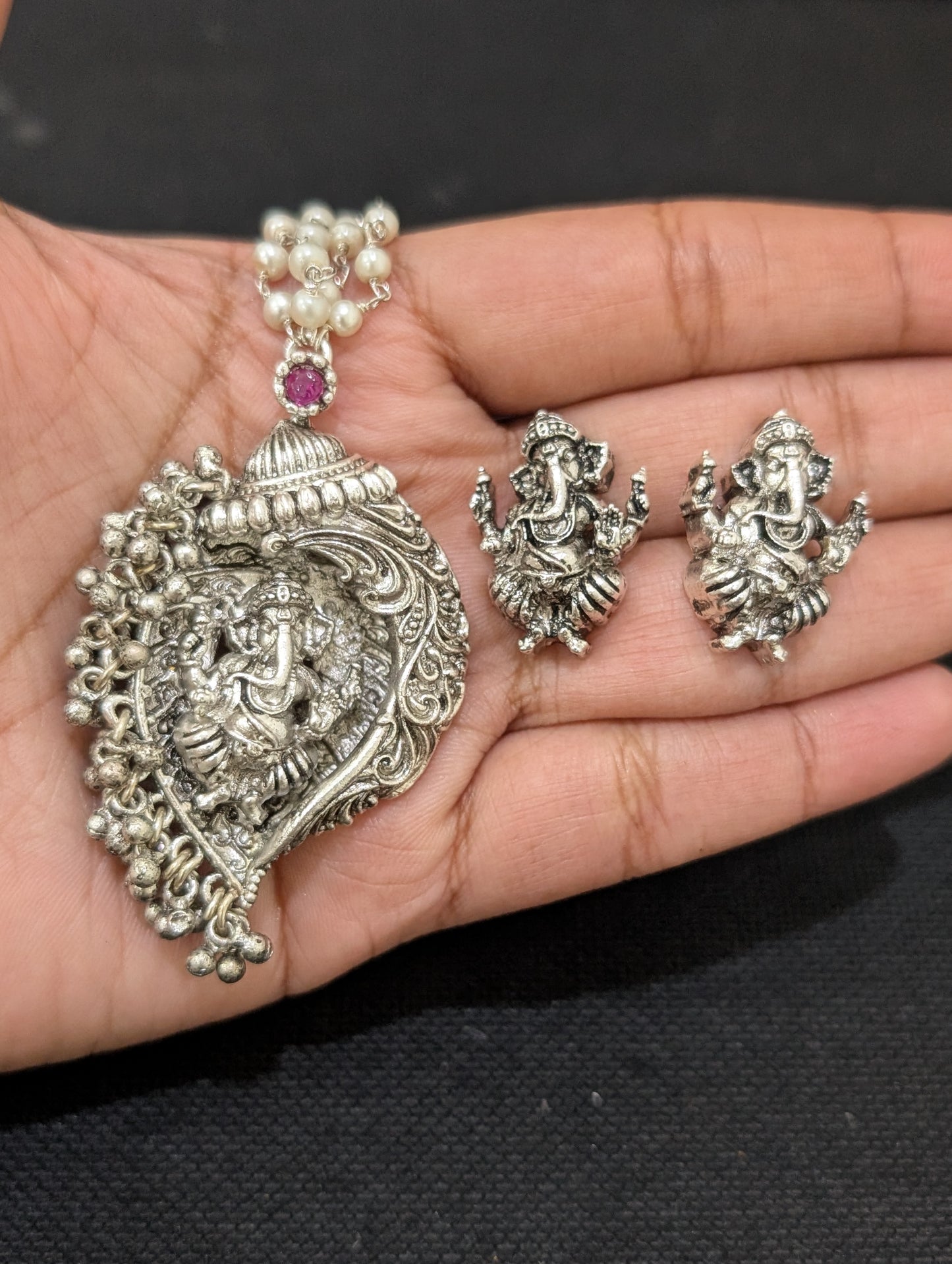 Silver plated Lord Ganesh Pendant and Stud earrings set