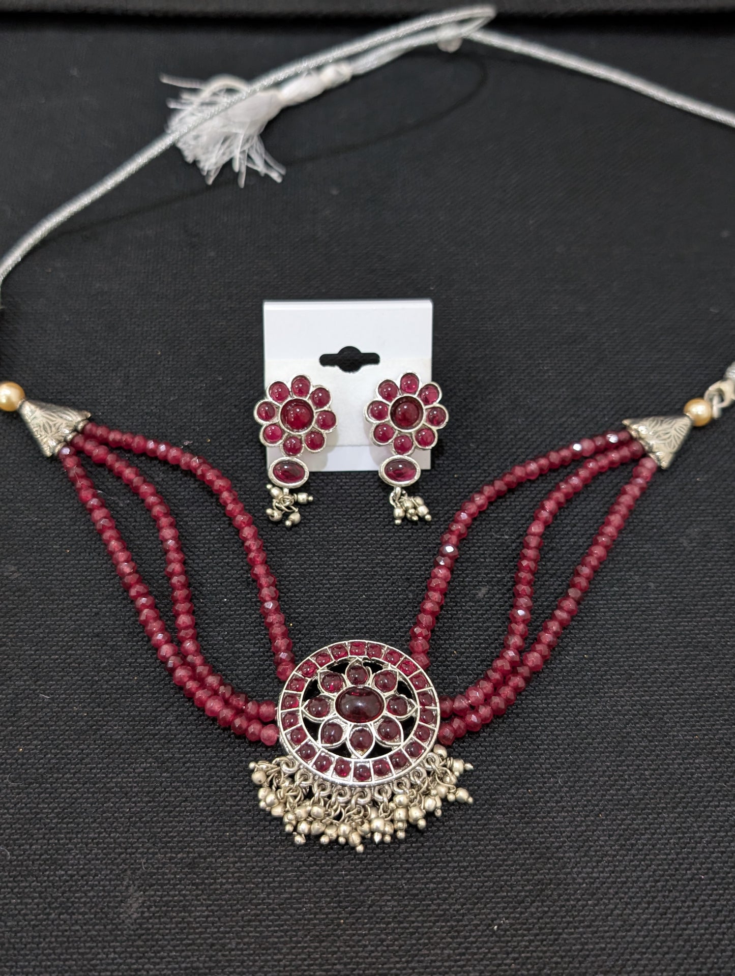 Ruby Kemp stone Crystal bead necklace and earrings set