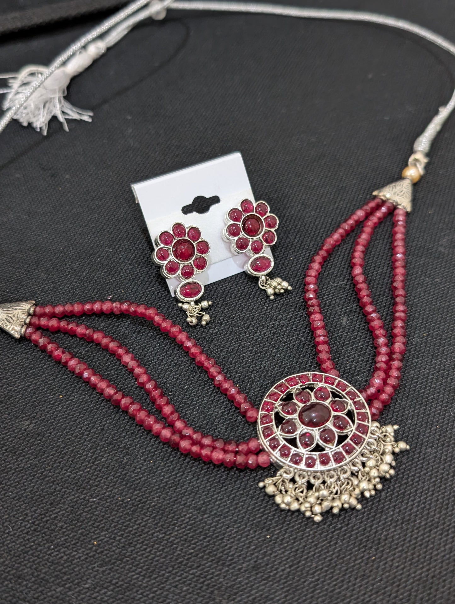 Ruby Kemp stone Crystal bead necklace and earrings set