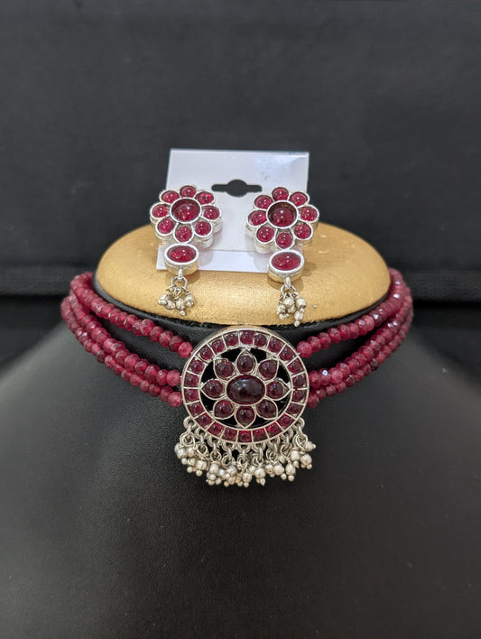 Ruby Kemp stone Crystal bead necklace and earrings set