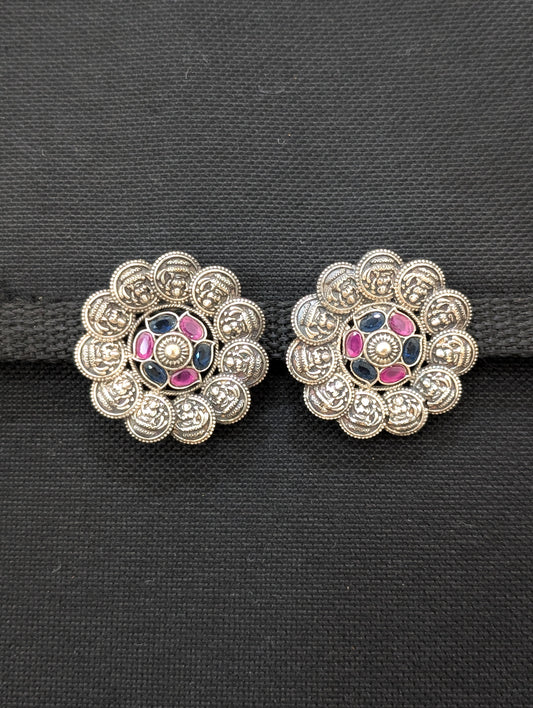 German silver Goddess Lakshmi large stud earrings - Simpliful