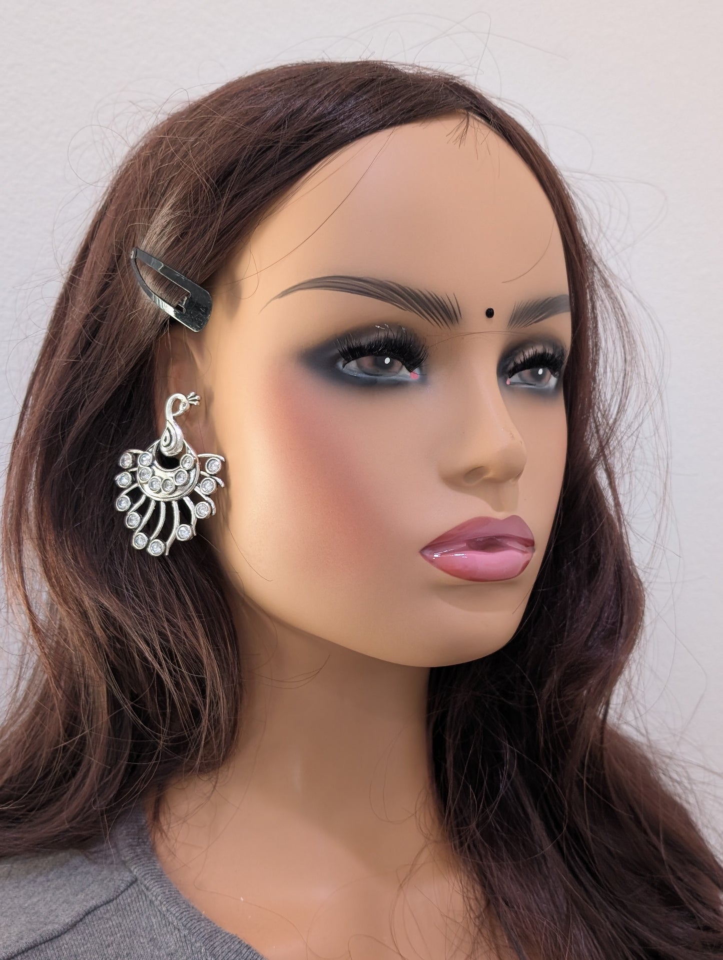 Peacock design Bright silver polki stone Large stud earrings - Simpliful