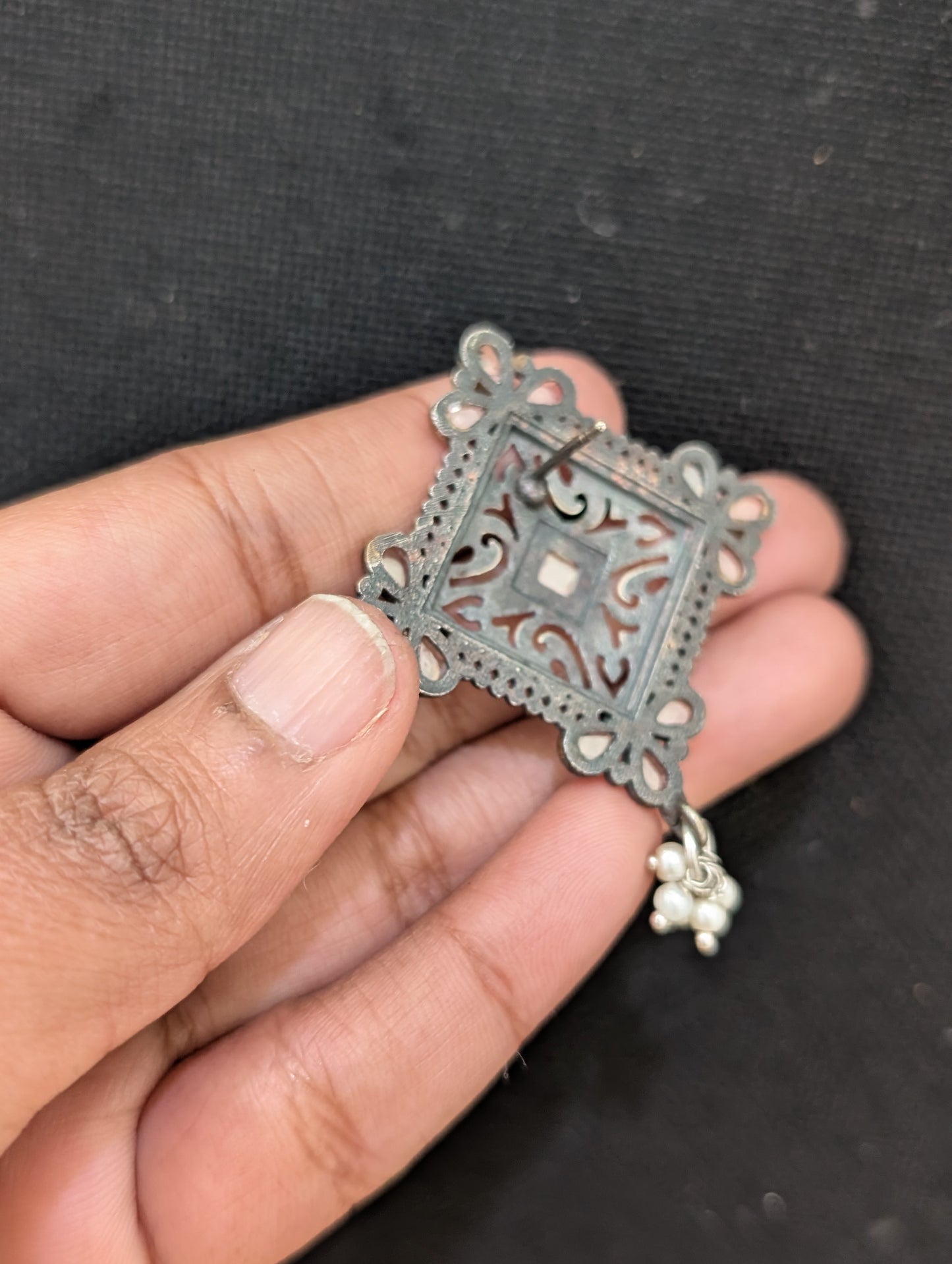 Diamond shape Dual tone german silver large stud earring - Simpliful