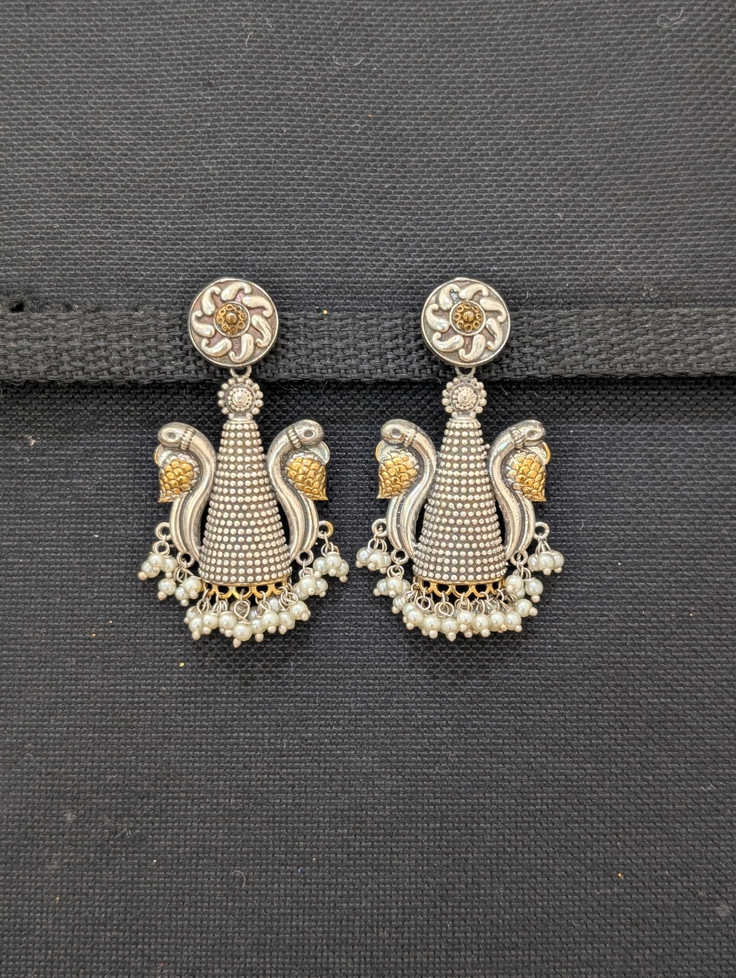 Pearl cluster bead hanging 2 tone German Silver Peacock Earring
