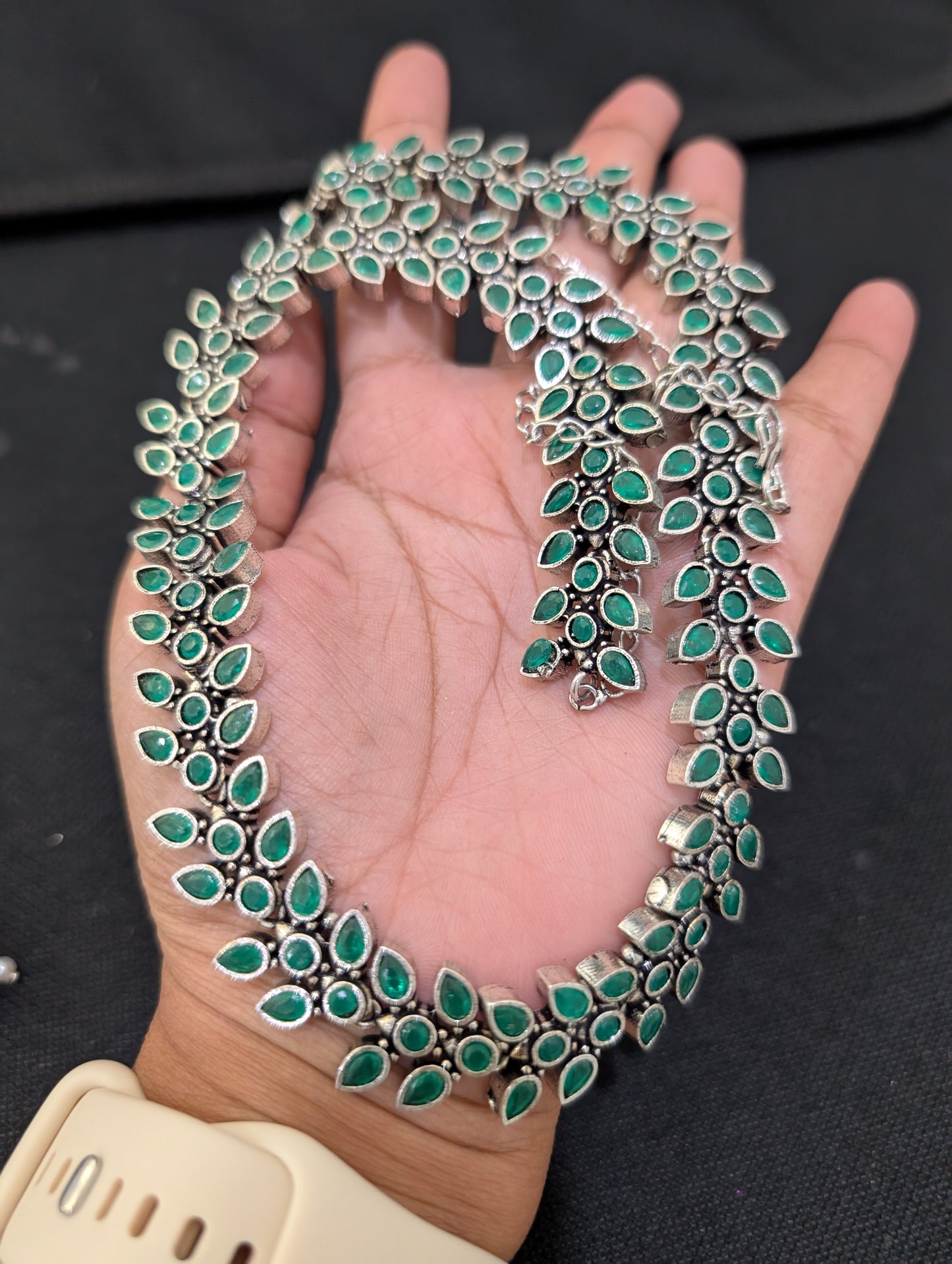 Oxidized Silver Leaf Polki stone Long necklace and jhumka set