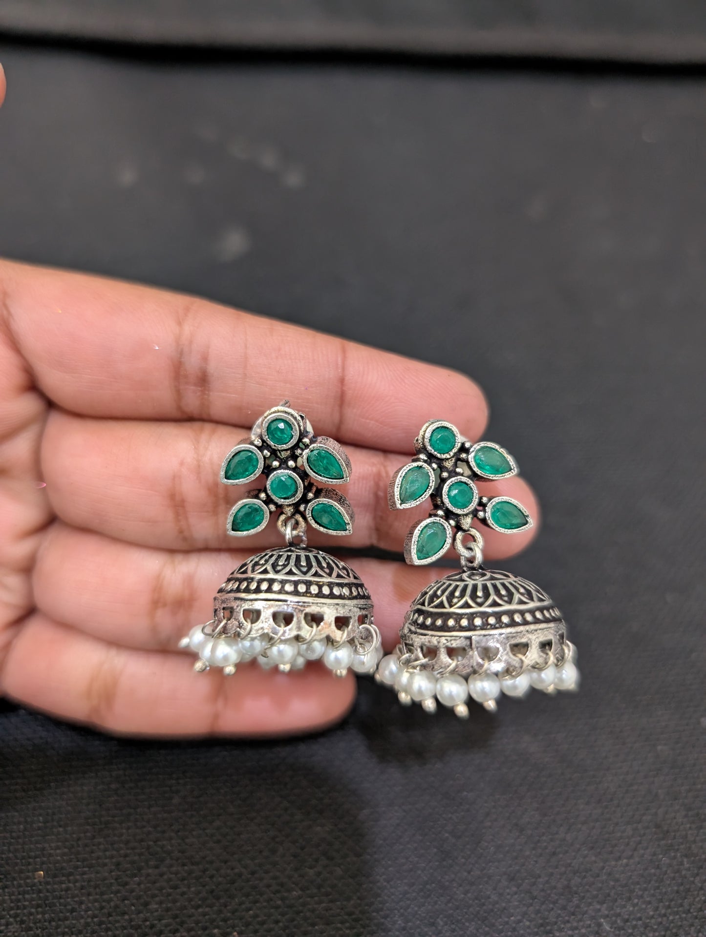 Oxidized Silver Leaf Polki stone Long necklace and jhumka set