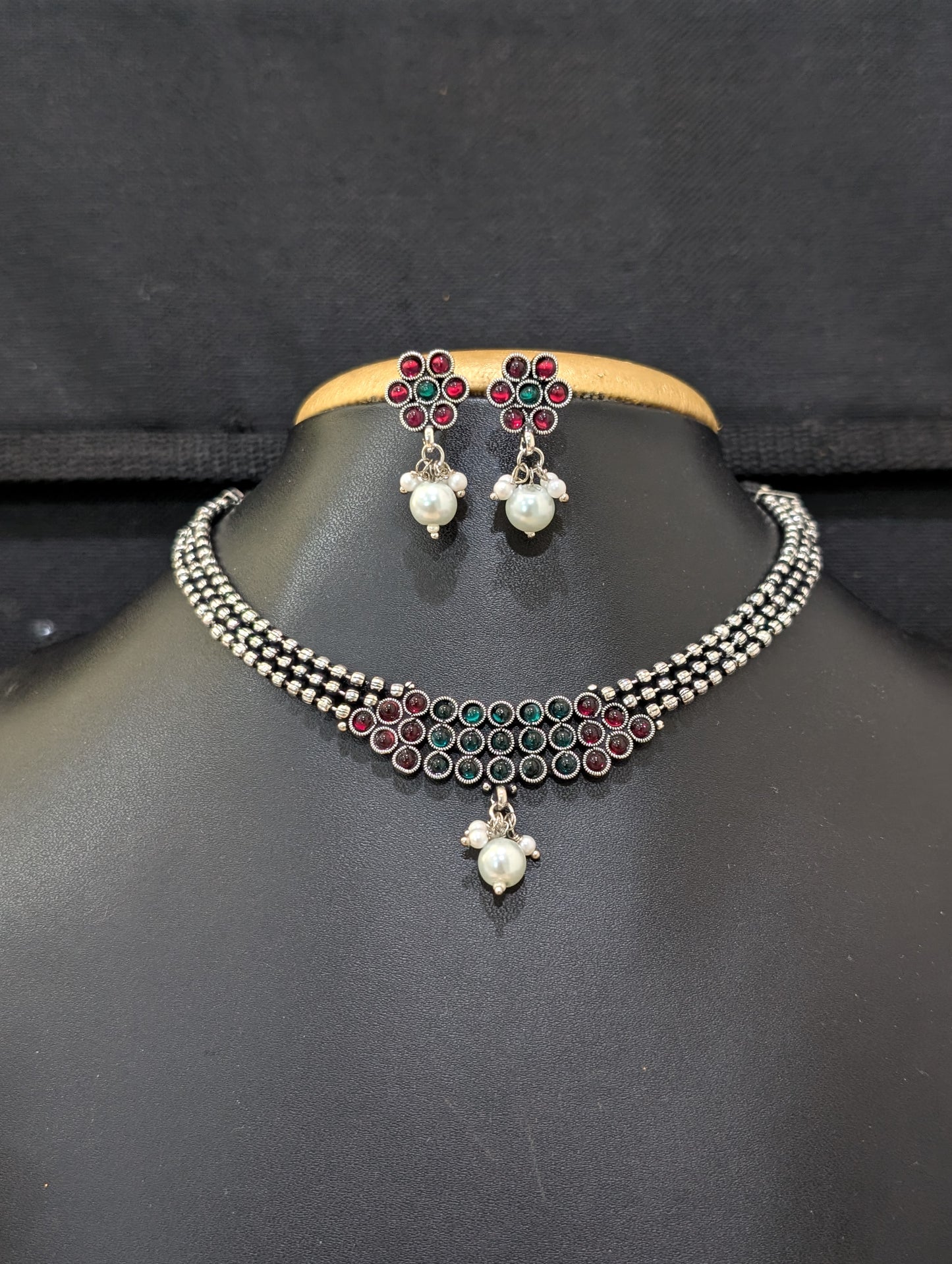 Oxidized silver Dori thread Choker Necklace set - Design 1