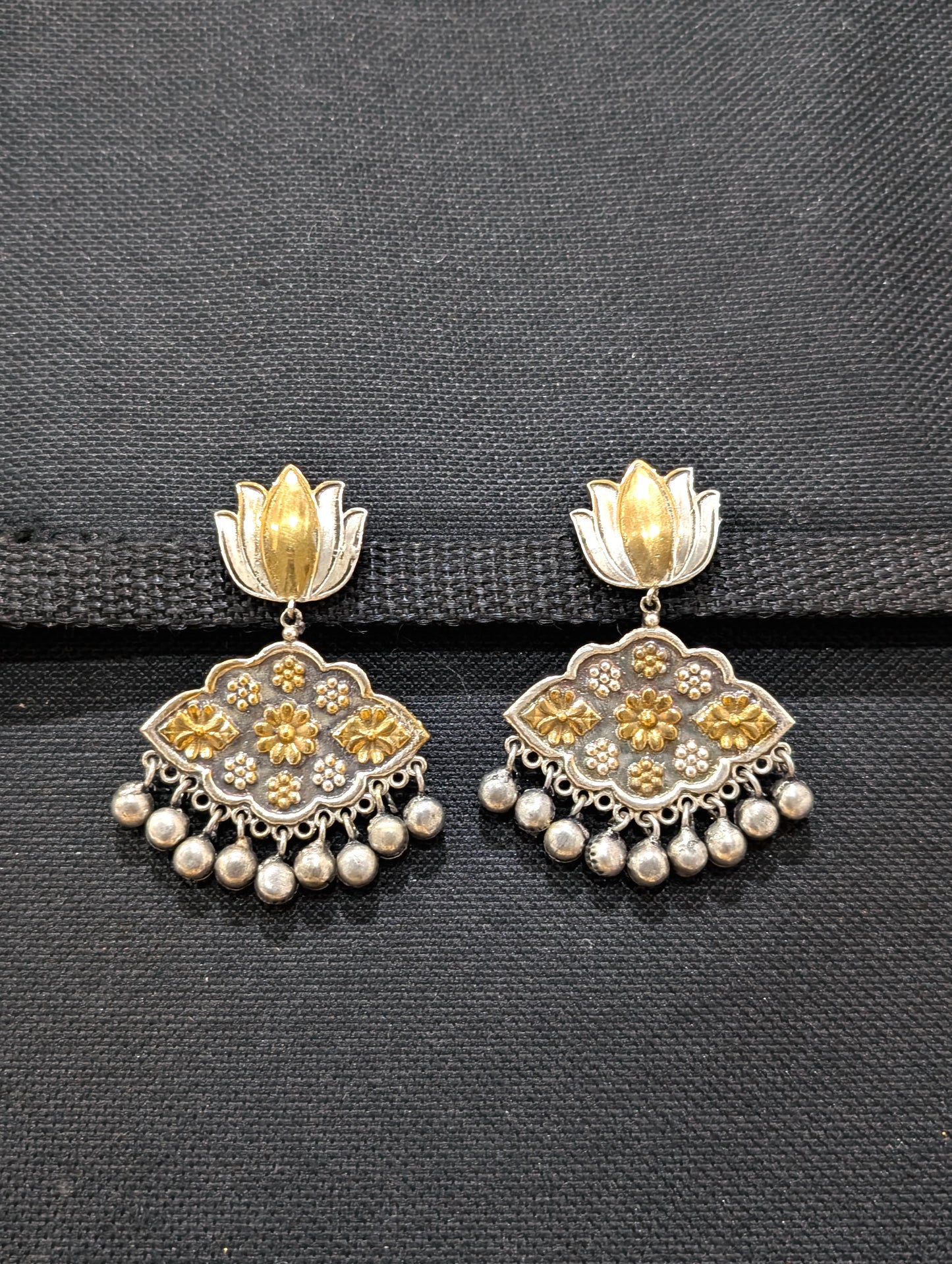 Dual tone oxidized silver Lotus Chandbali earrings