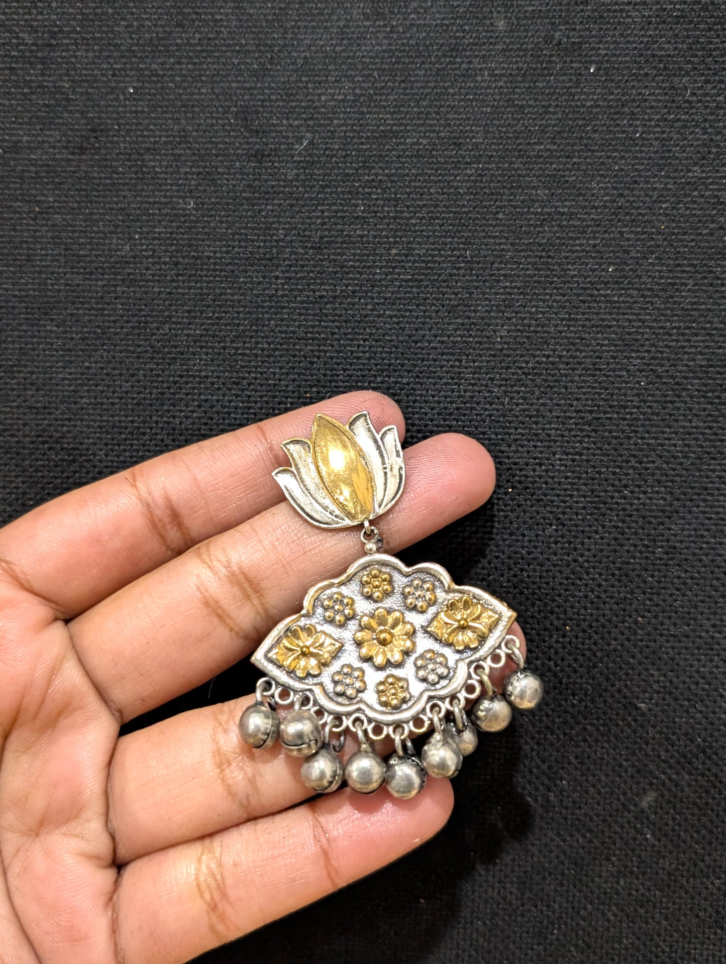 Dual tone oxidized silver Lotus Chandbali earrings