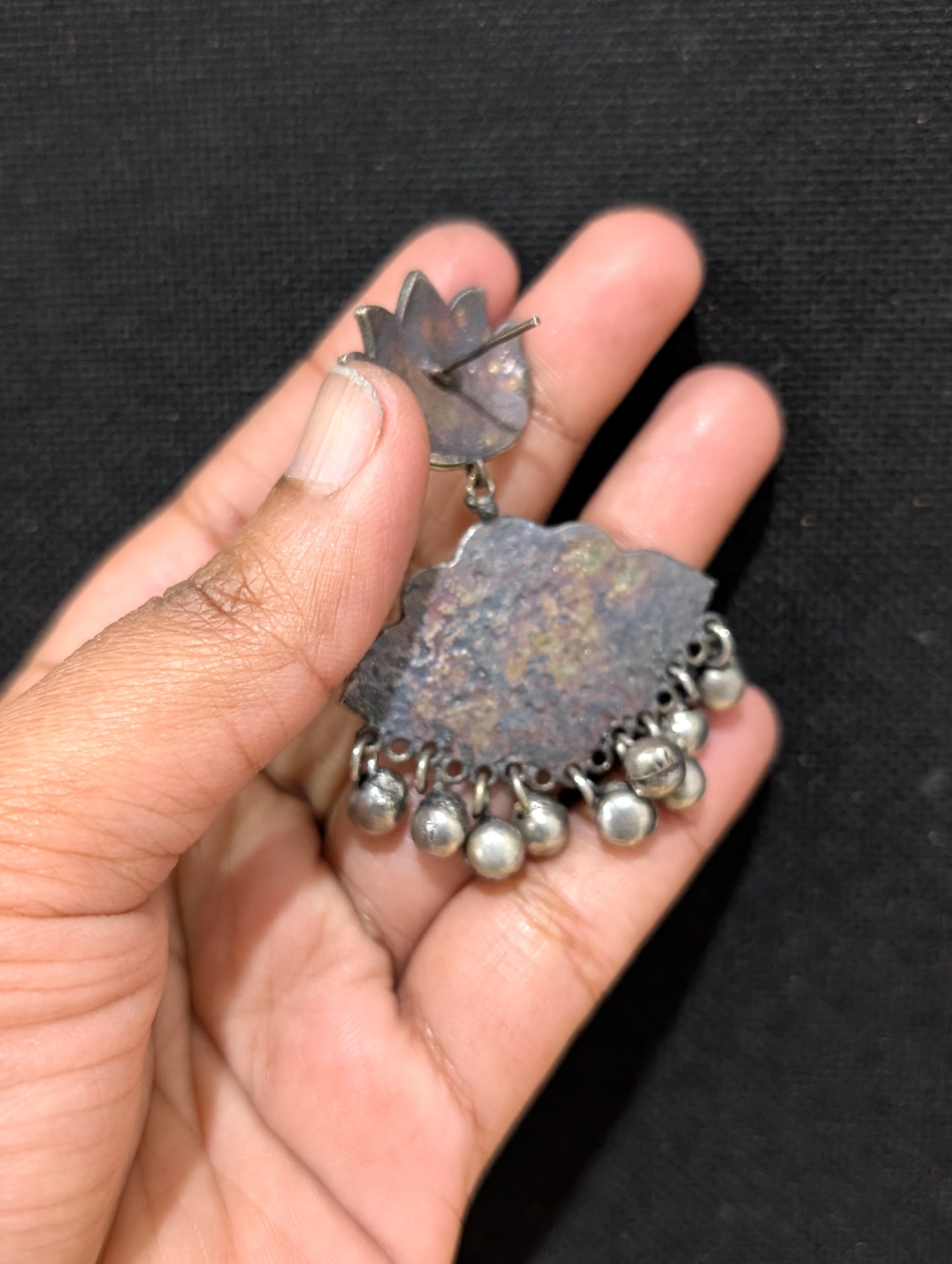 Dual tone oxidized silver Lotus Chandbali earrings
