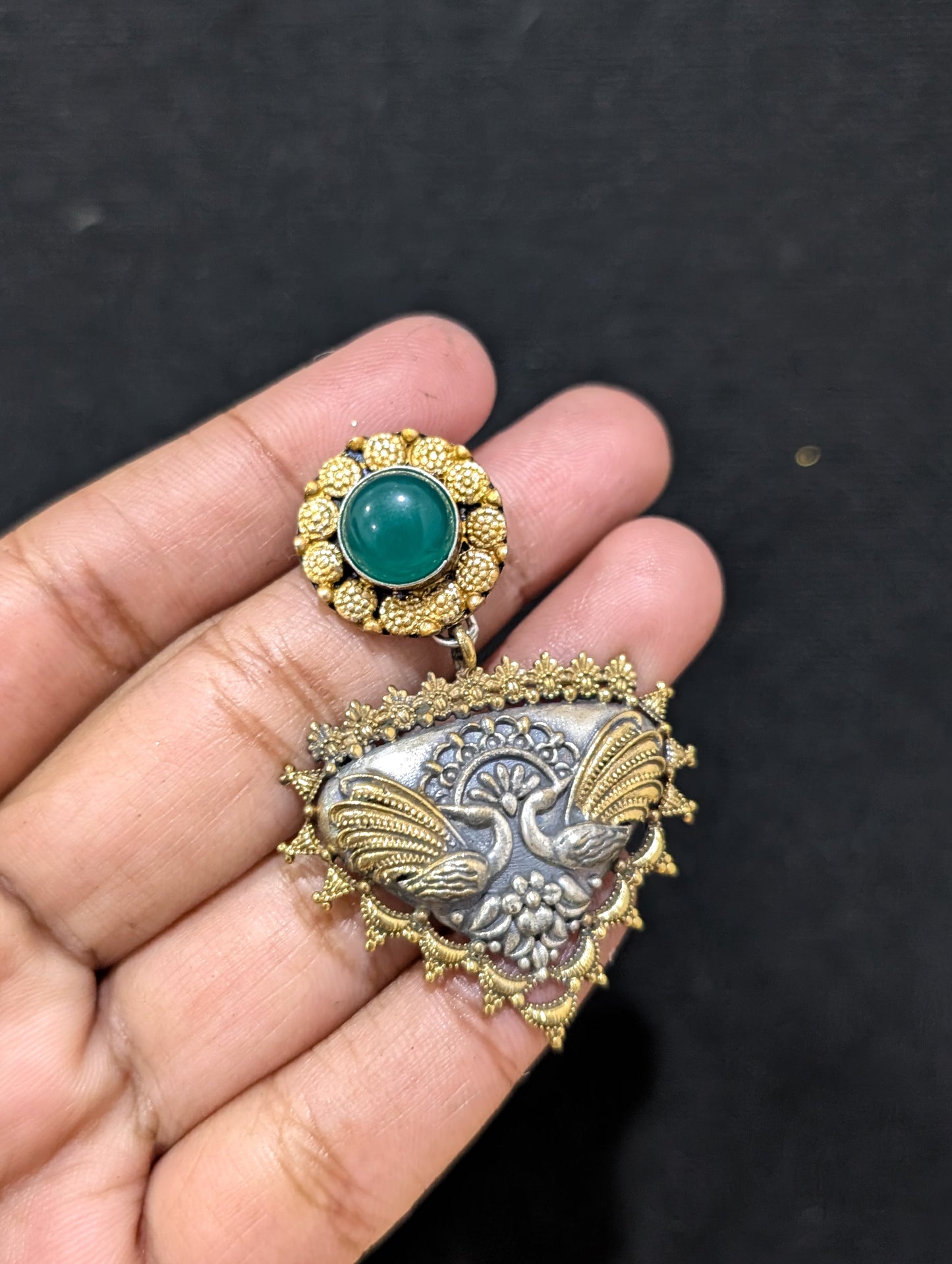Dual tone oxidized silver Green earrings