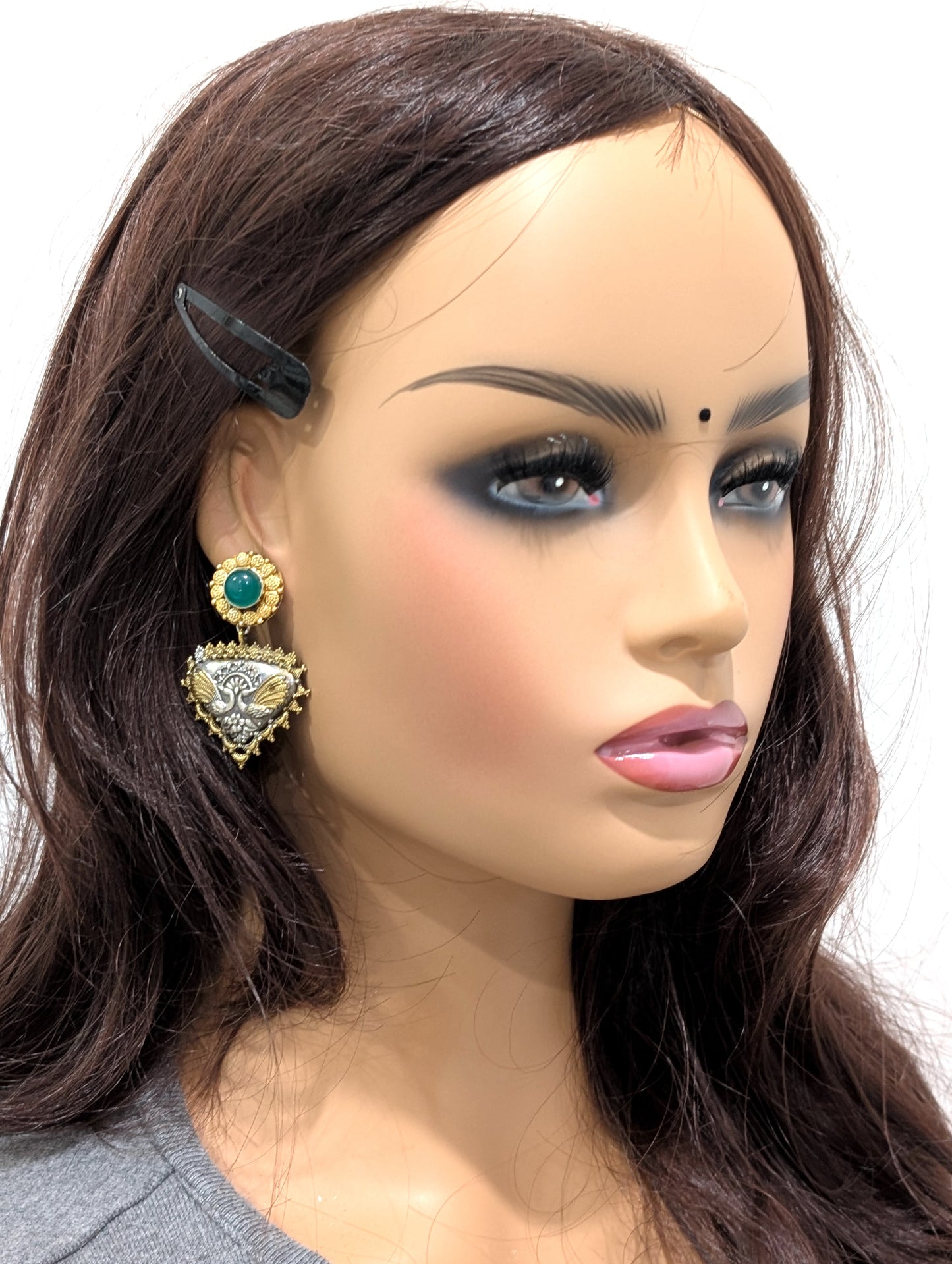 Dual tone oxidized silver Green earrings