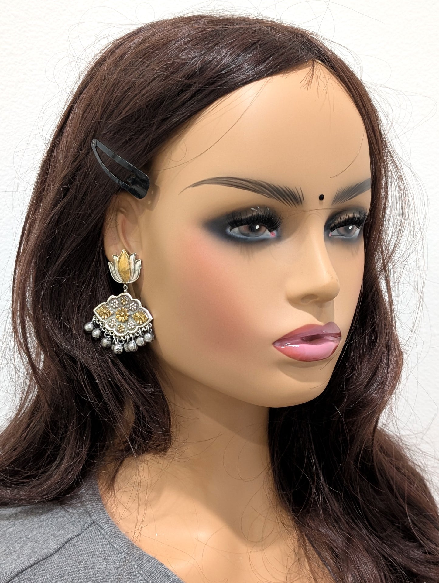 Dual tone oxidized silver Lotus Chandbali earrings