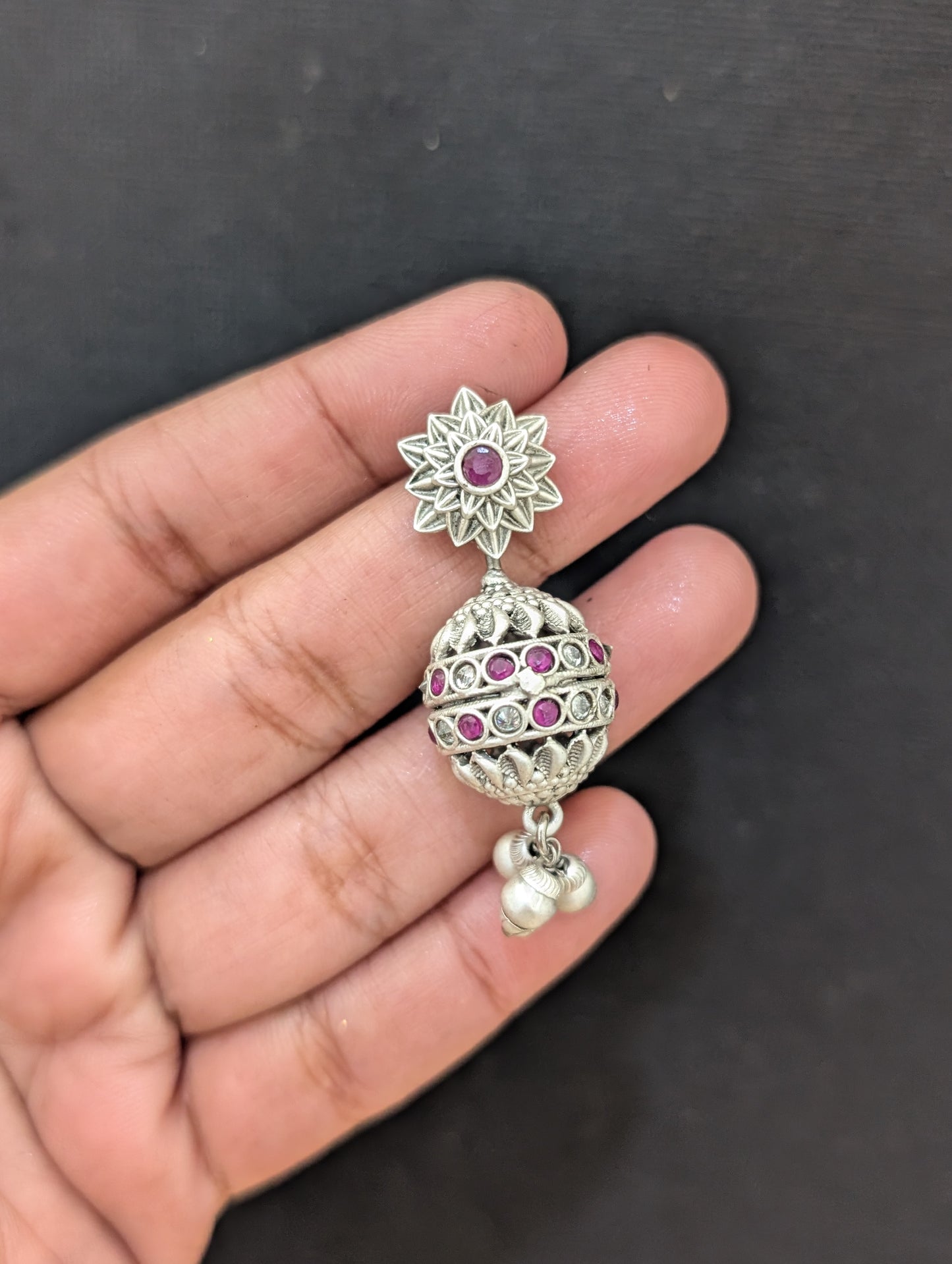 Flower stud with ball dangle Bright Silver matte polished Earrings