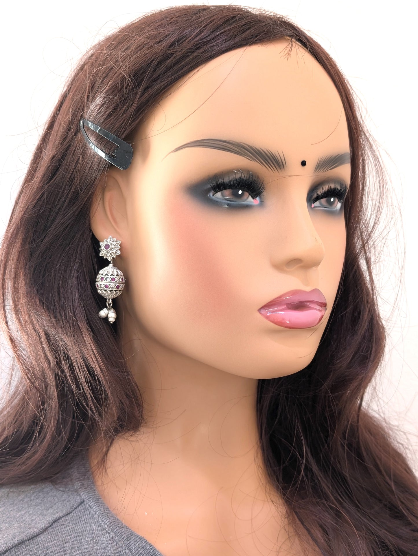 Flower stud with ball dangle Bright Silver matte polished Earrings