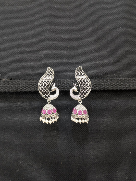 Bright silver matte finish Peacock Jhumka Earrings