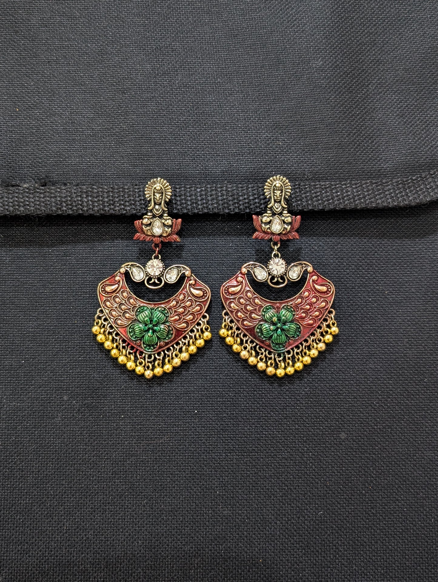 Tribal face stud with matte meenakari work gold bead hanging antique earring - Simpliful