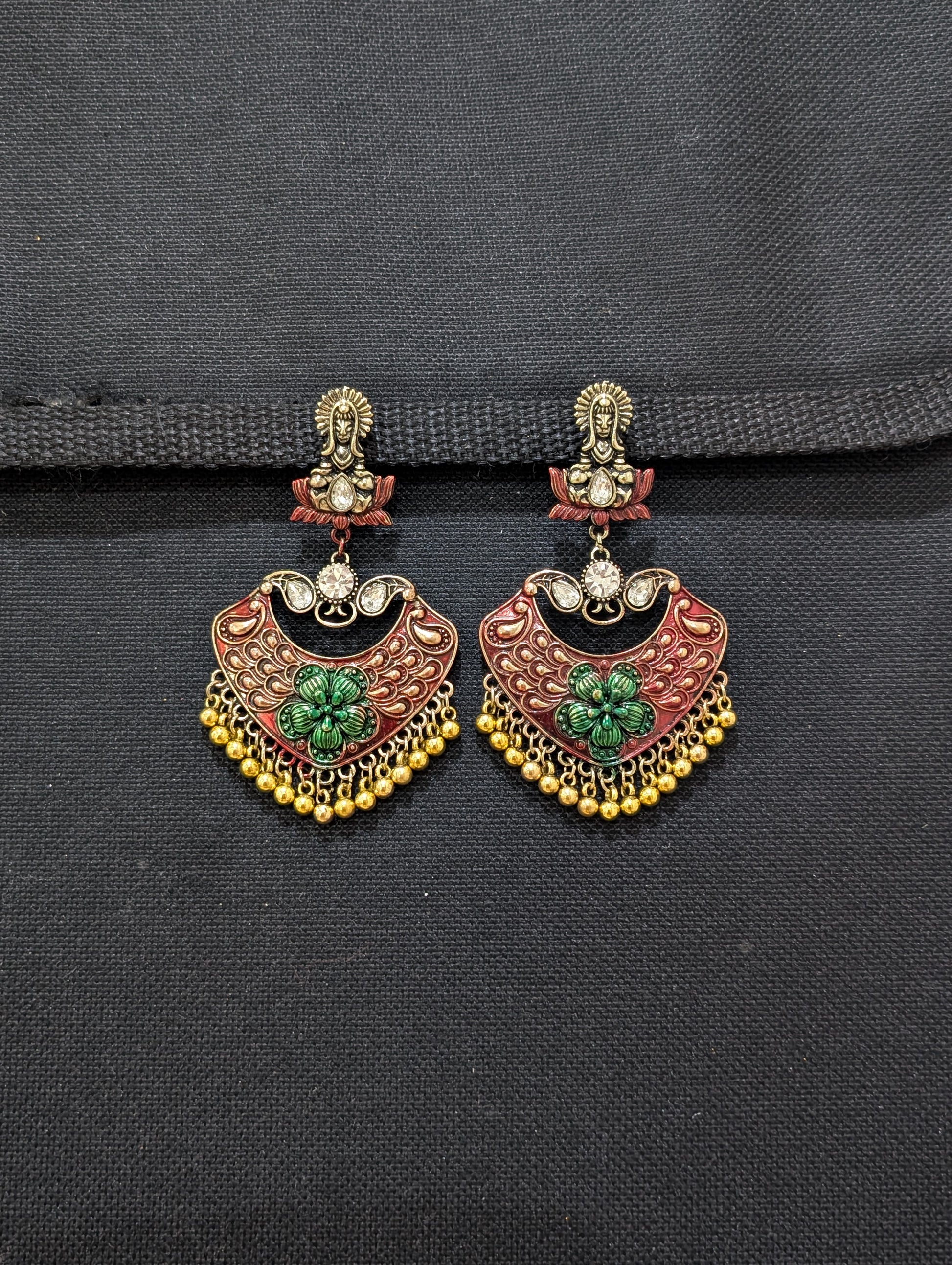 Tribal face stud with matte meenakari work gold bead hanging antique earring - Simpliful