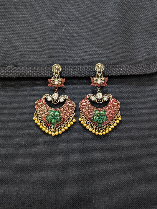 Tribal face stud with matte meenakari work gold bead hanging antique earring - Simpliful