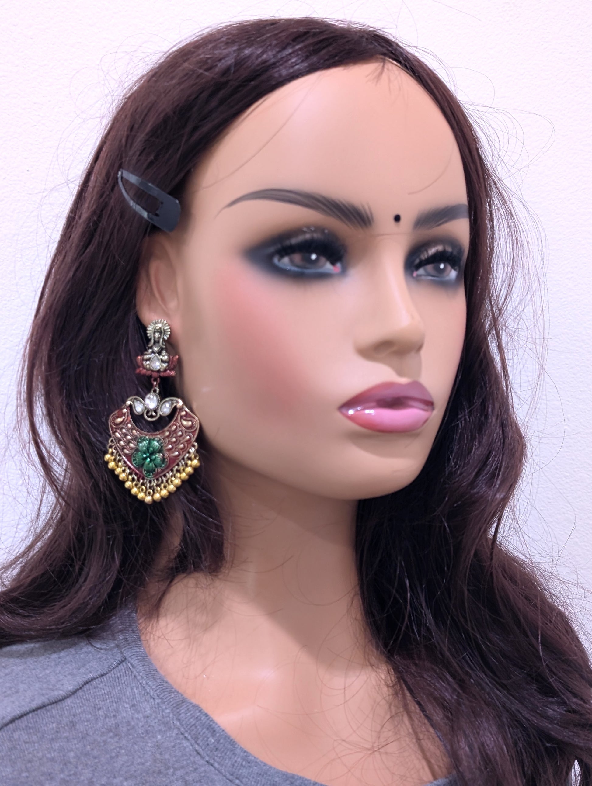Tribal face stud with matte meenakari work gold bead hanging antique earring - Simpliful