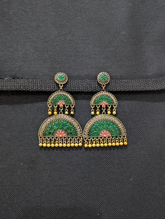 Round stud with matte meenakari work gold bead hanging double semi circle linked antique earring - Simpliful