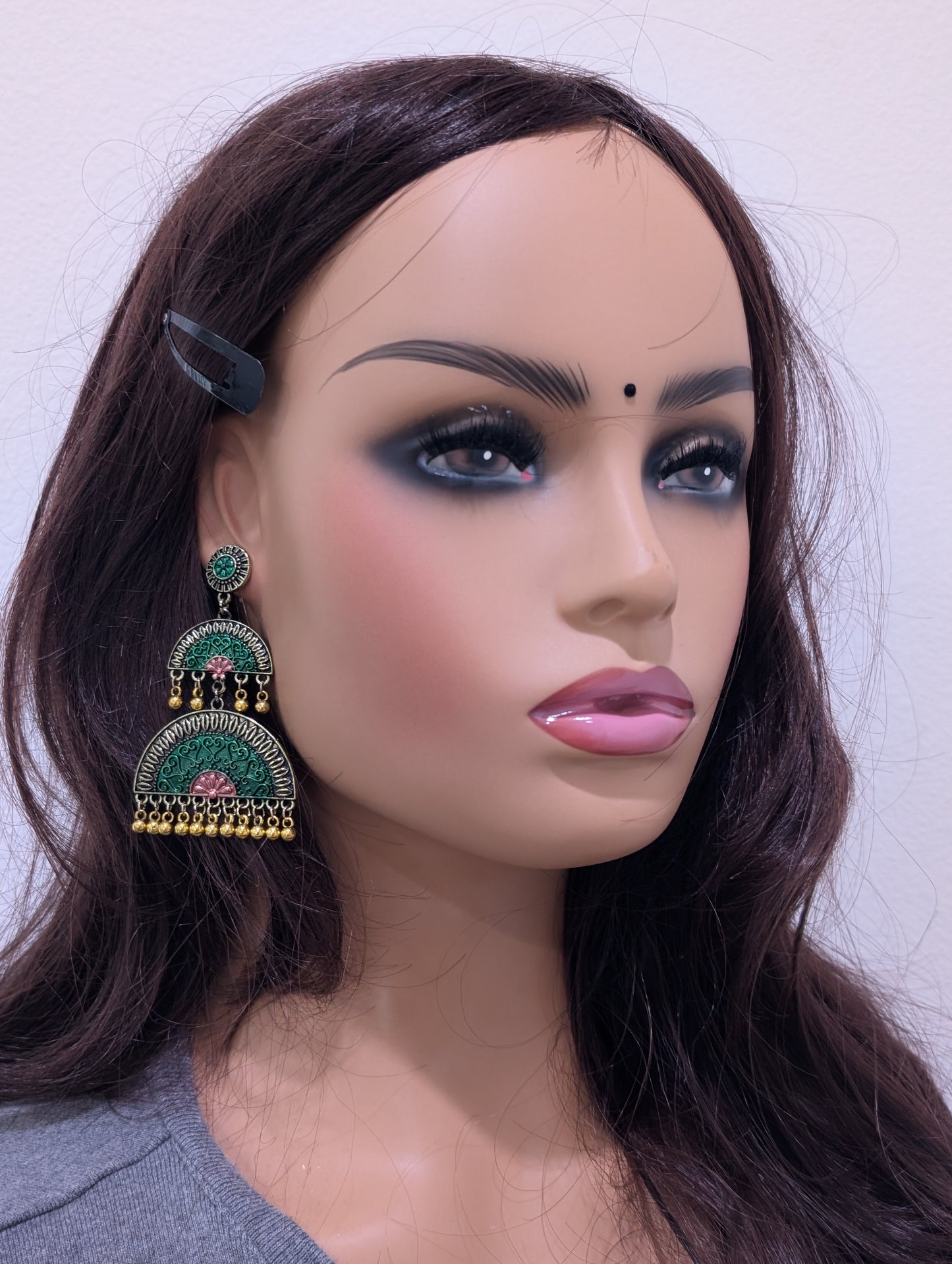 Round stud with matte meenakari work gold bead hanging double semi circle linked antique earring - Simpliful