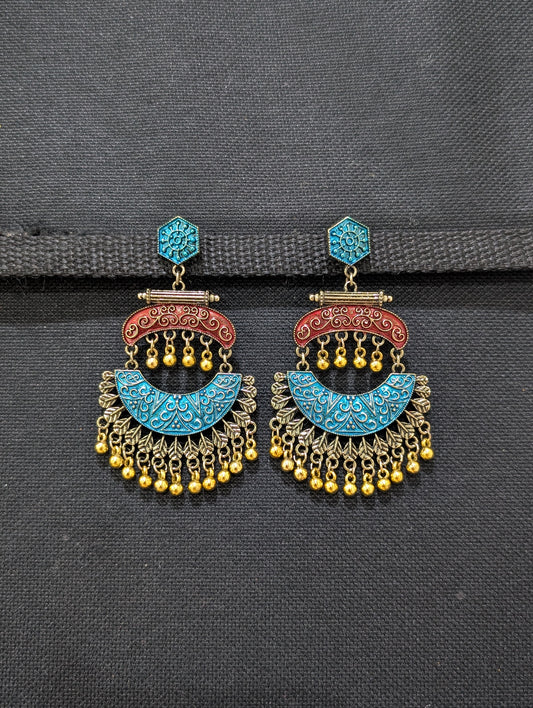 Hexagon stud with matte meenakari work light color gold bead hanging antique earring - Simpliful