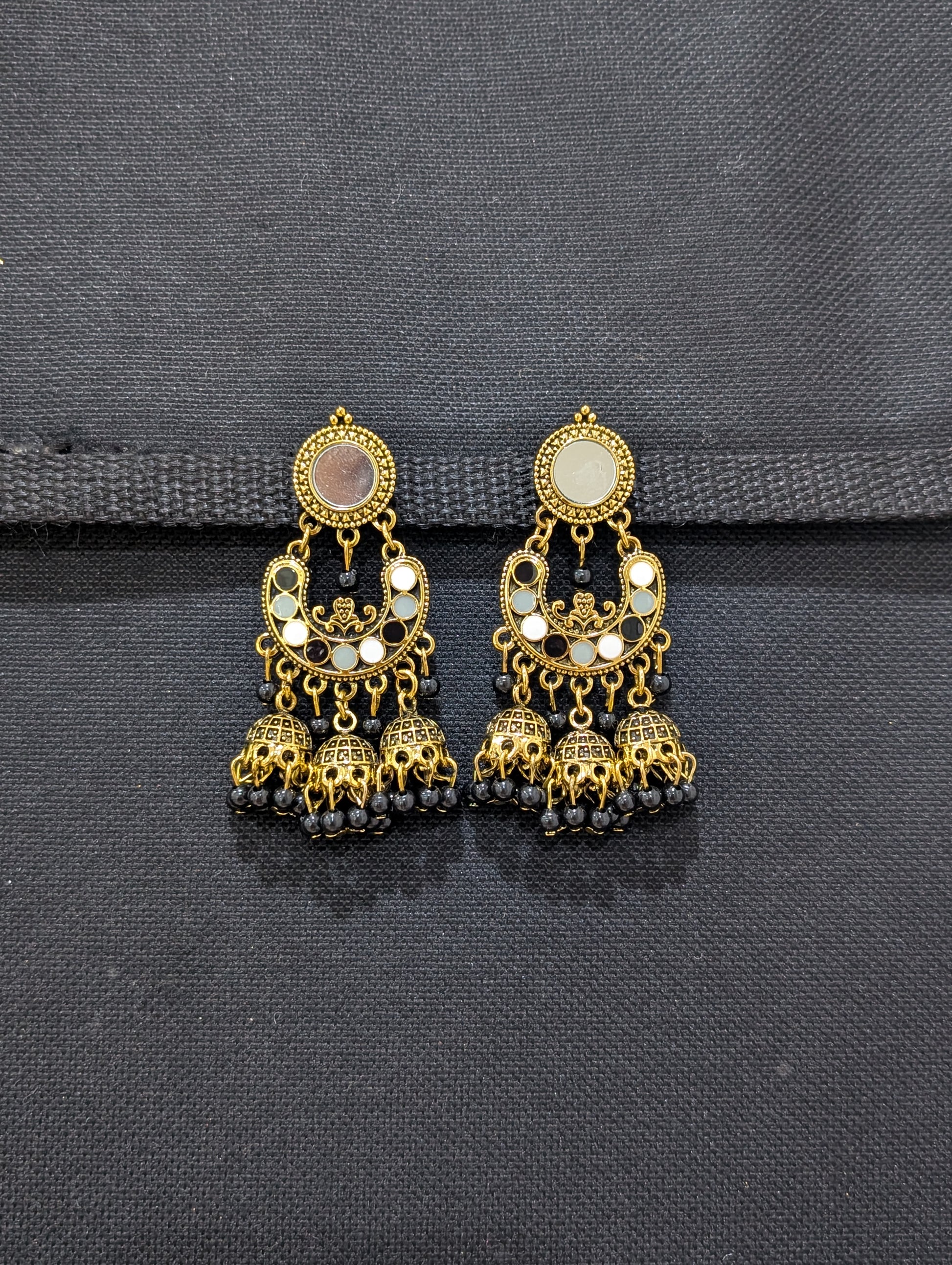 Mirror stud Antique gold finish enamel work triple jhumka earring - Simpliful