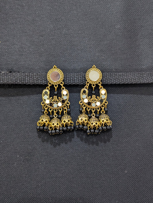 Mirror stud Antique gold finish enamel work triple jhumka earring - Simpliful