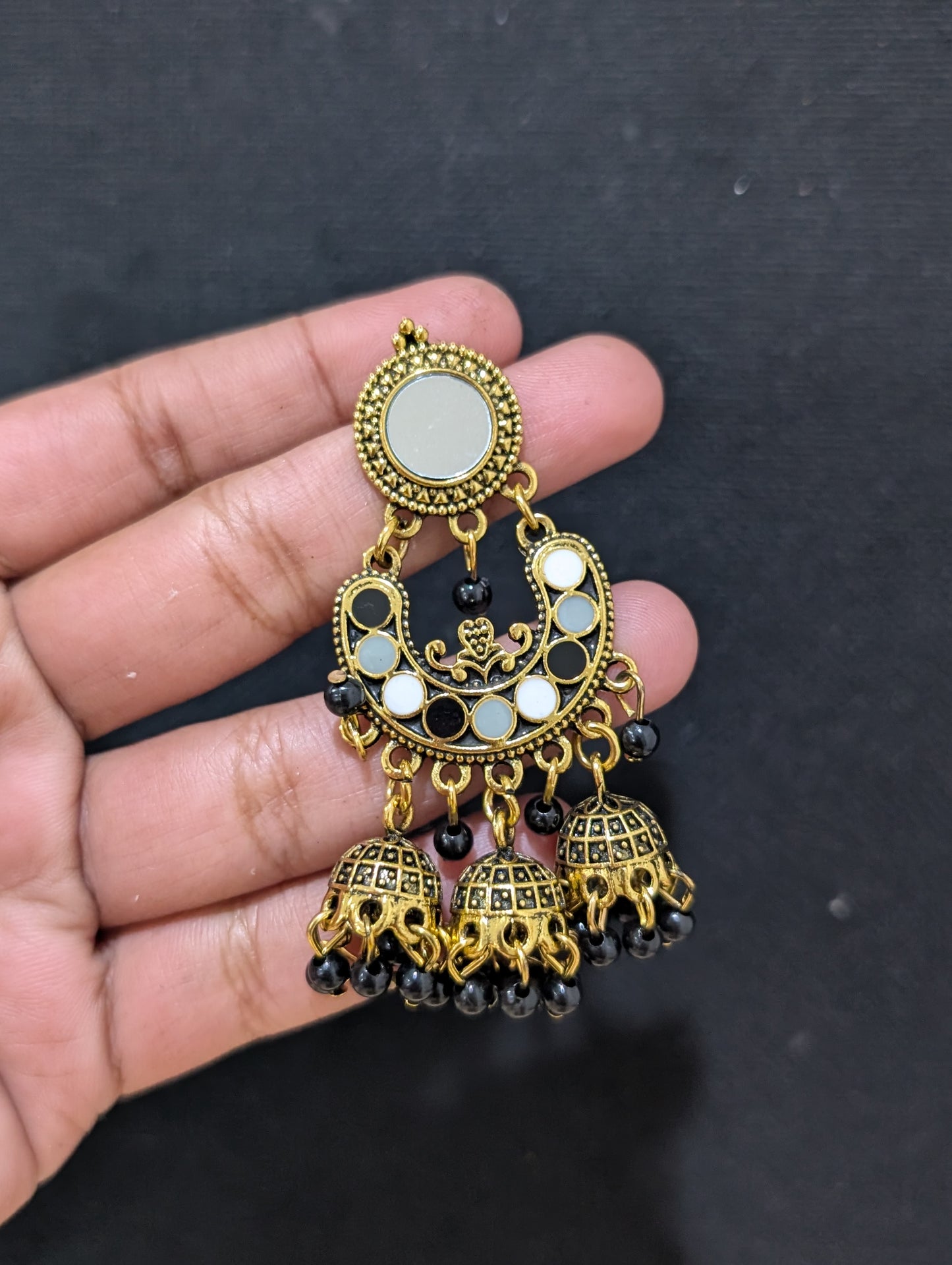 Mirror stud Antique gold finish enamel work triple jhumka earring