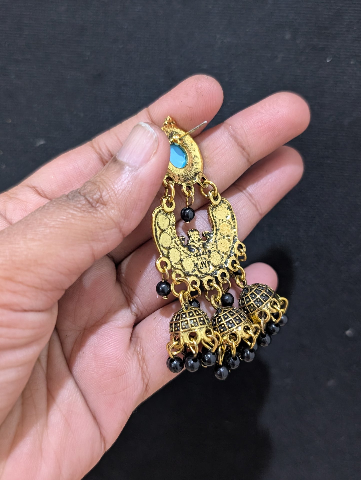 Mirror stud Antique gold finish enamel work triple jhumka earring