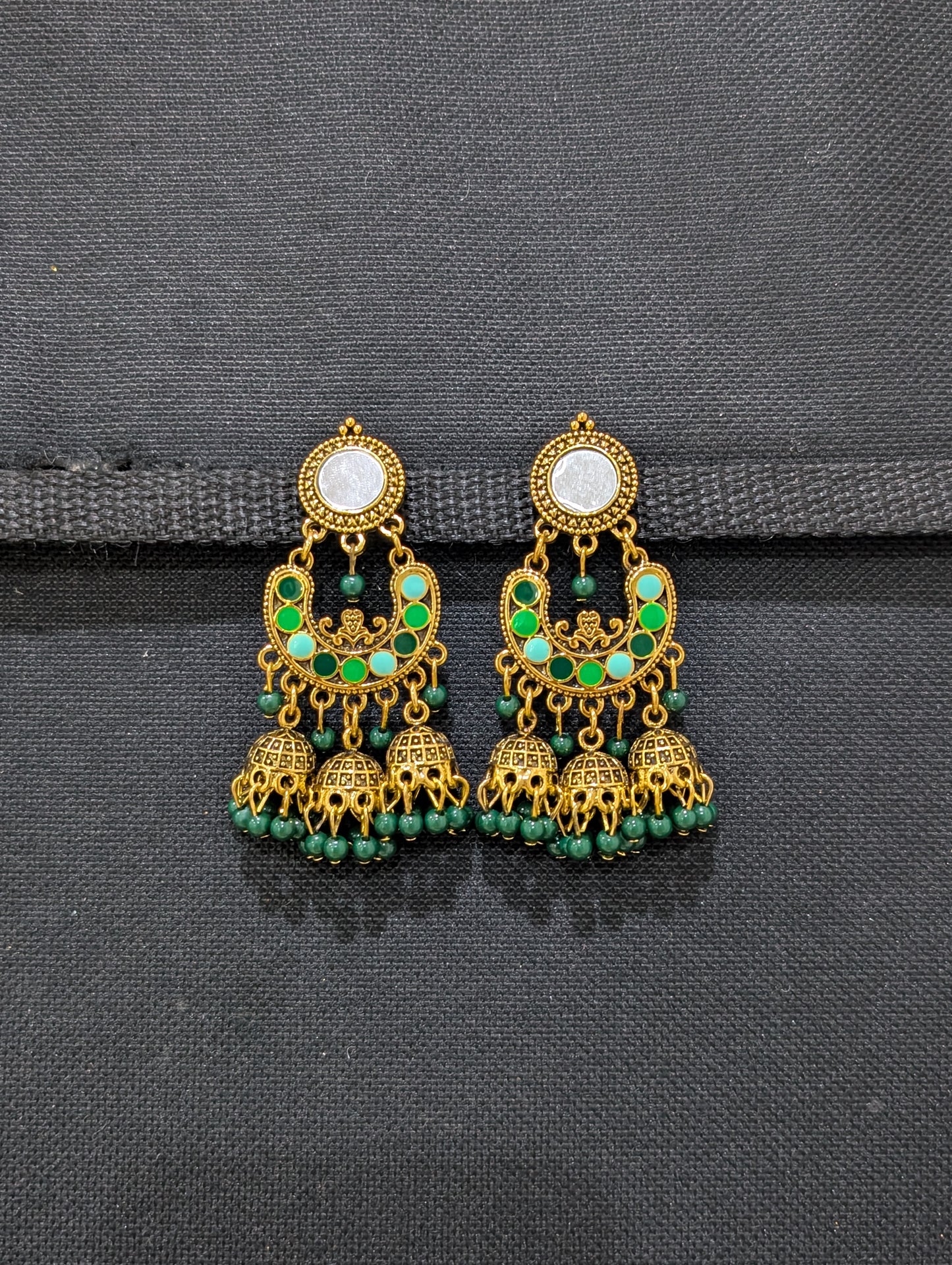 Mirror stud Antique gold finish enamel work triple jhumka earring