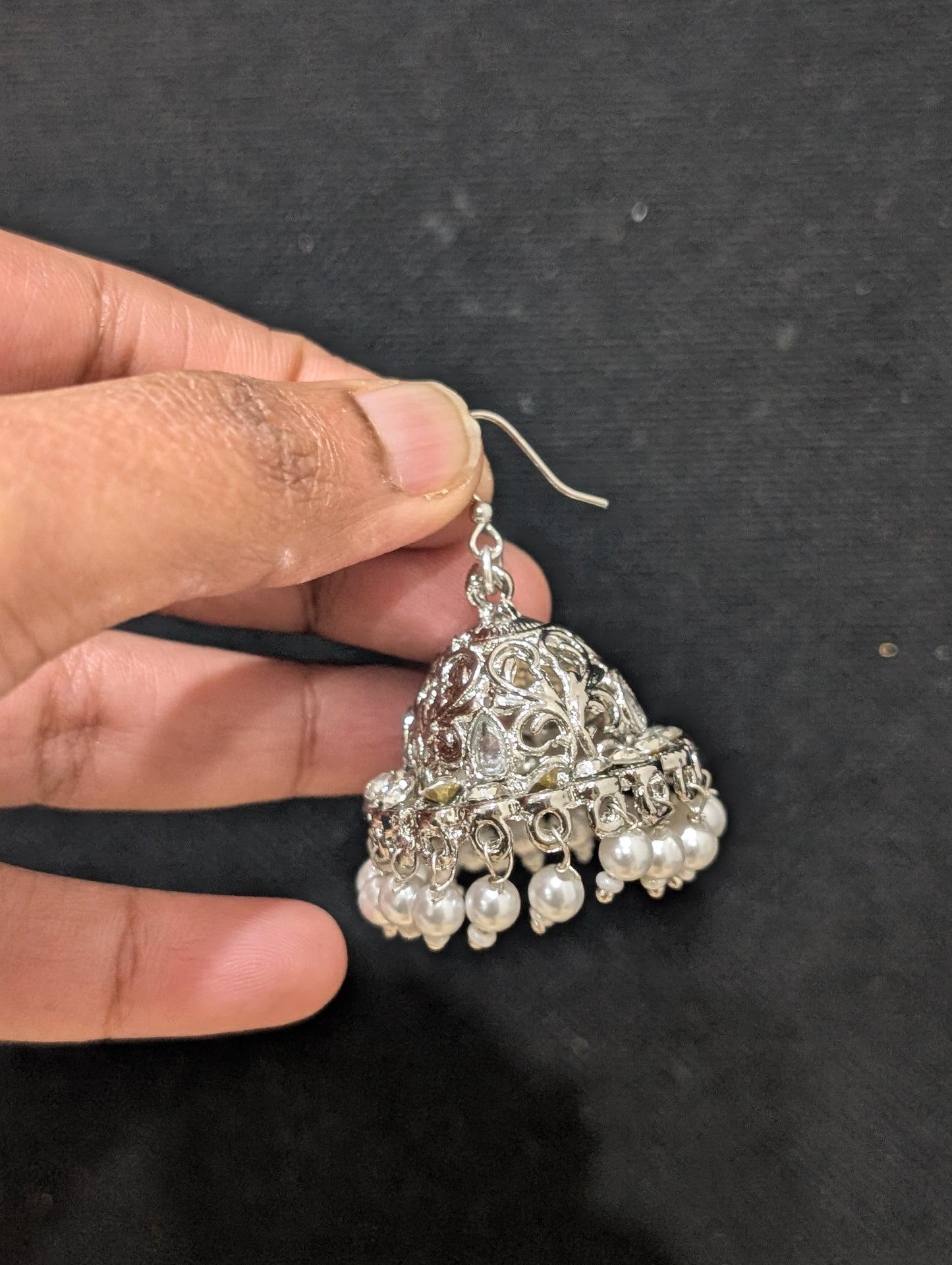 Silver rhodium White Polki hook drop Earrings