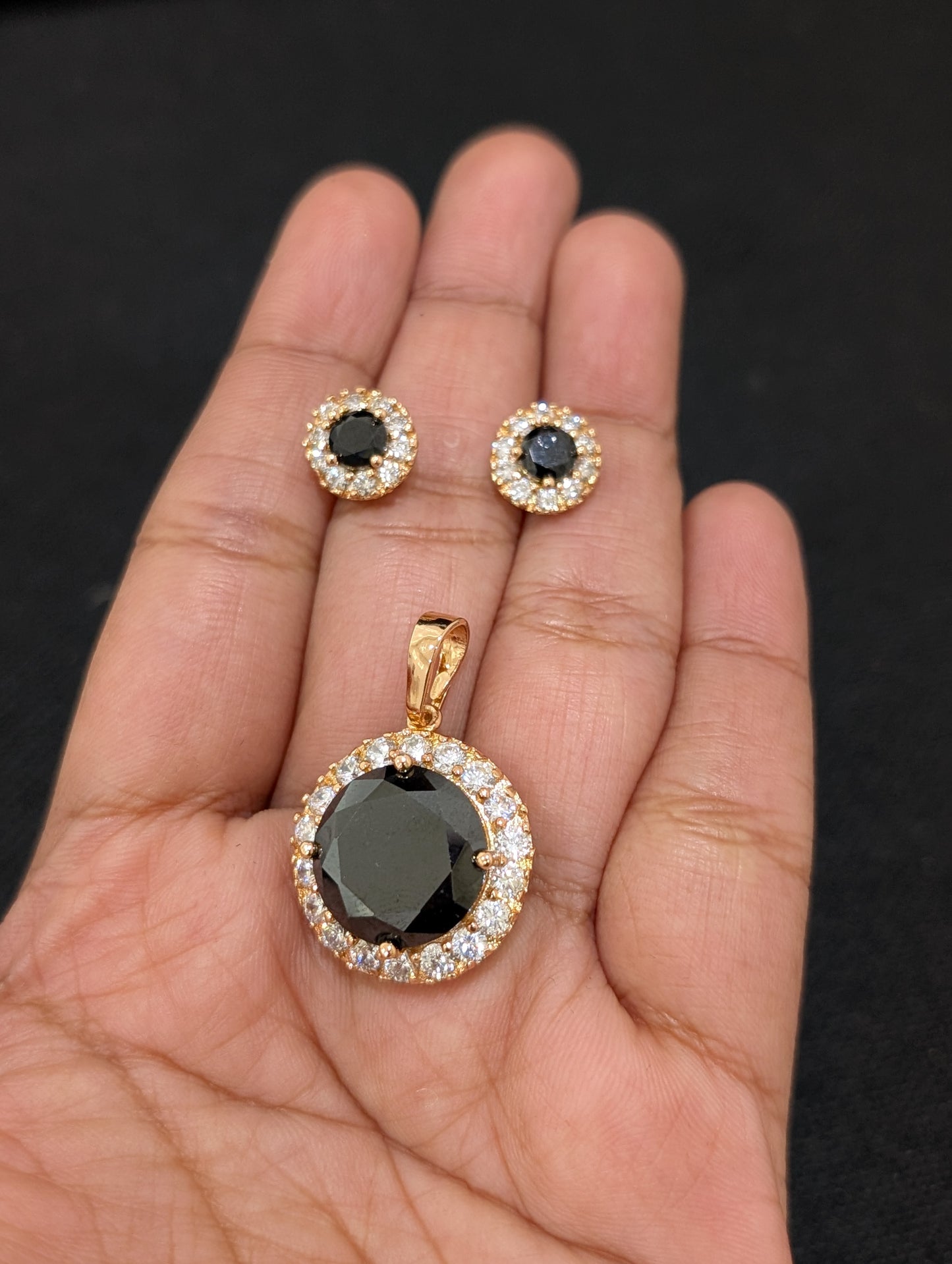 Black CZ stone Round Pendant and Earrings Set