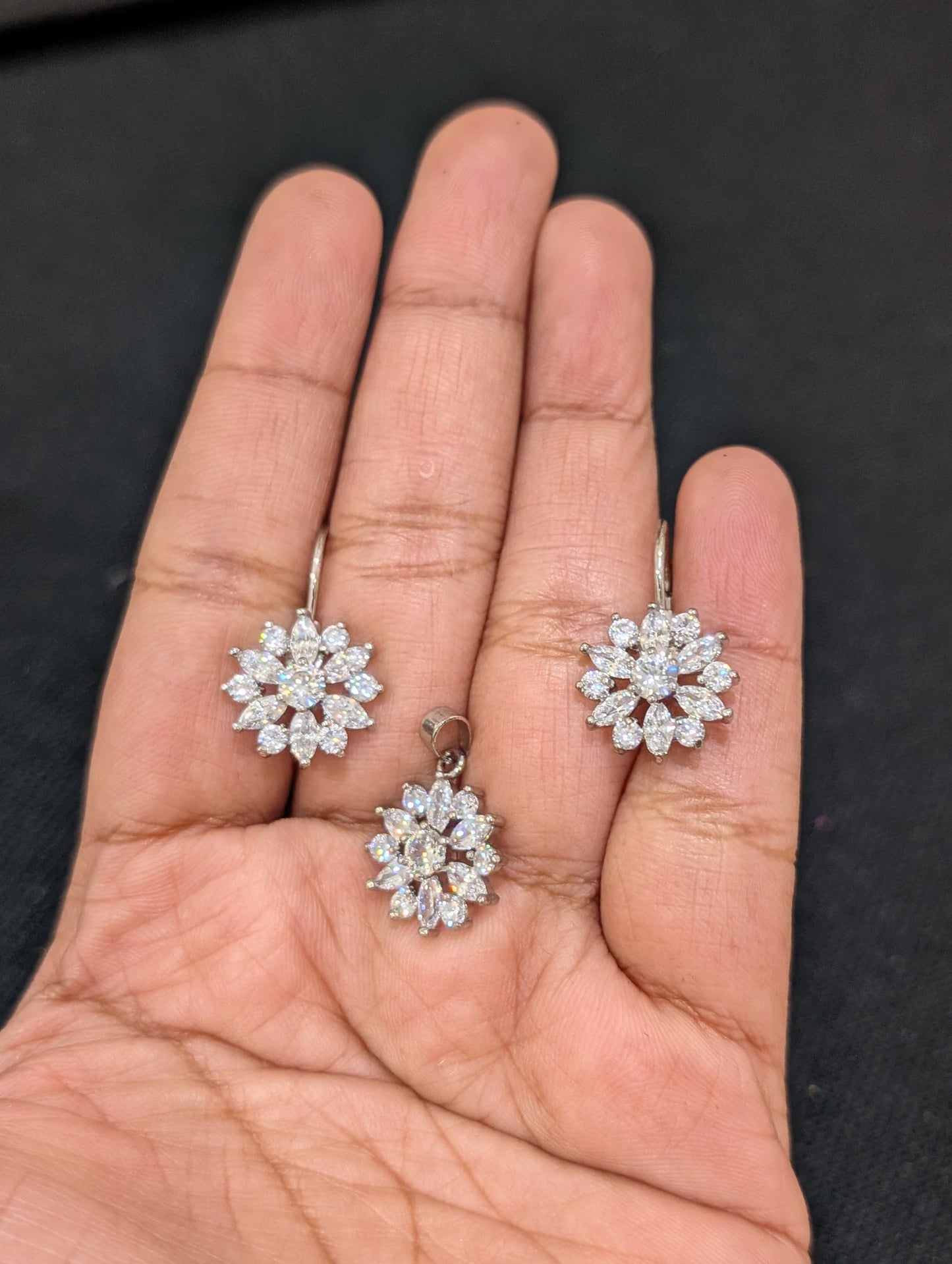 White CZ stone Flower Pendant and Earrings Set