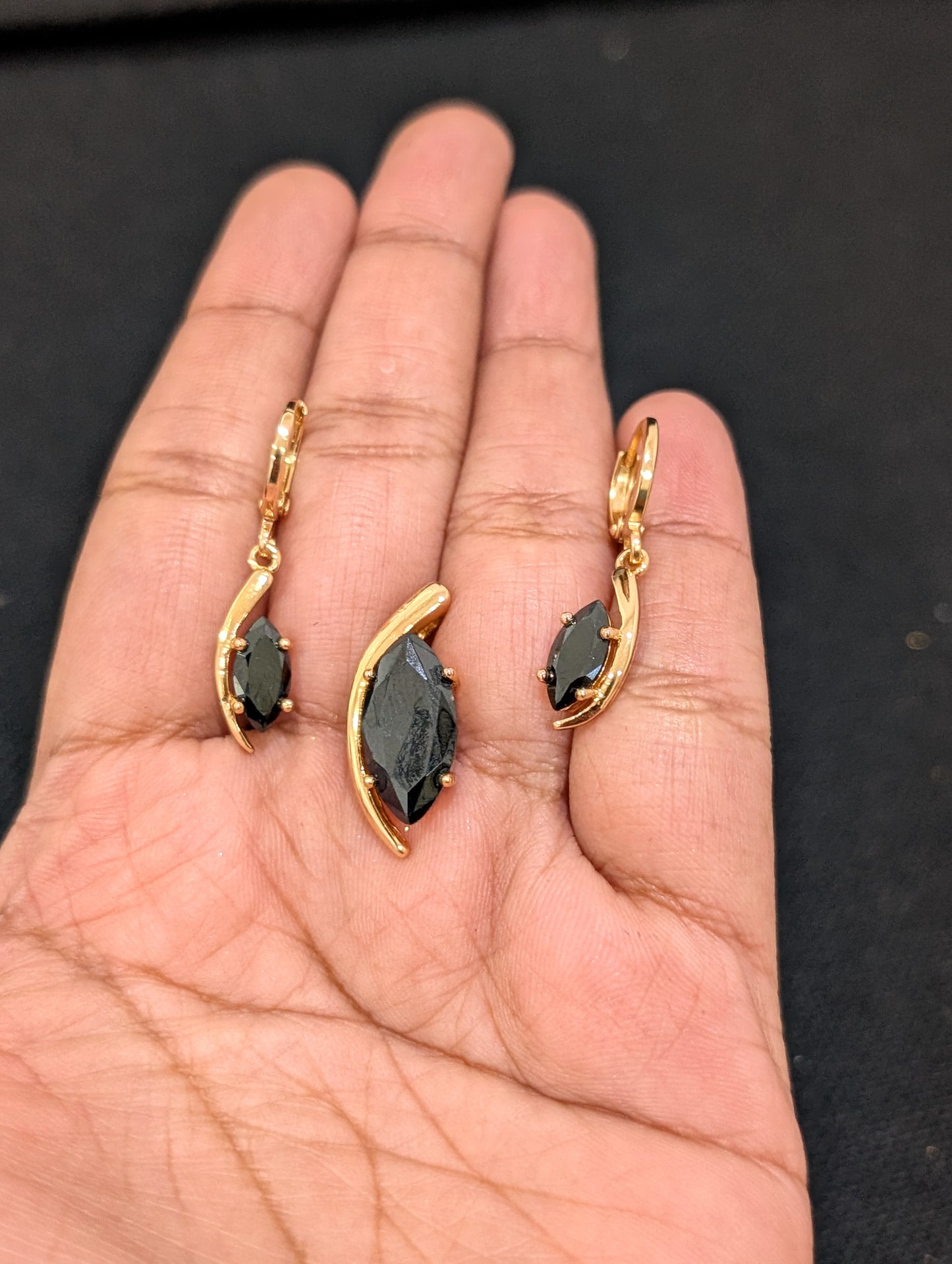 Black CZ stone Sharp Oval Pendant and Earrings Set