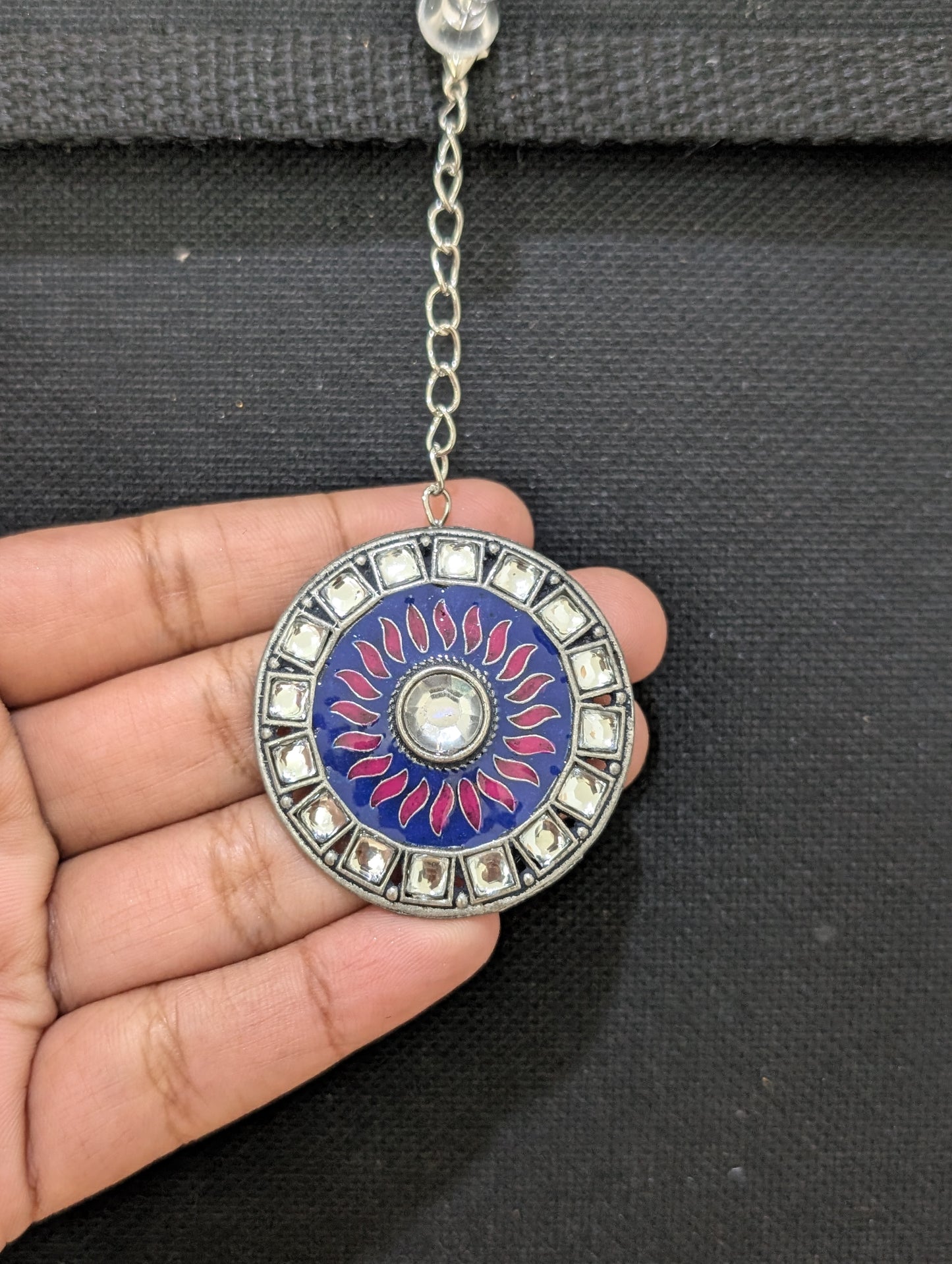 Oxidized silver Kundan stone Round Maang Tikka