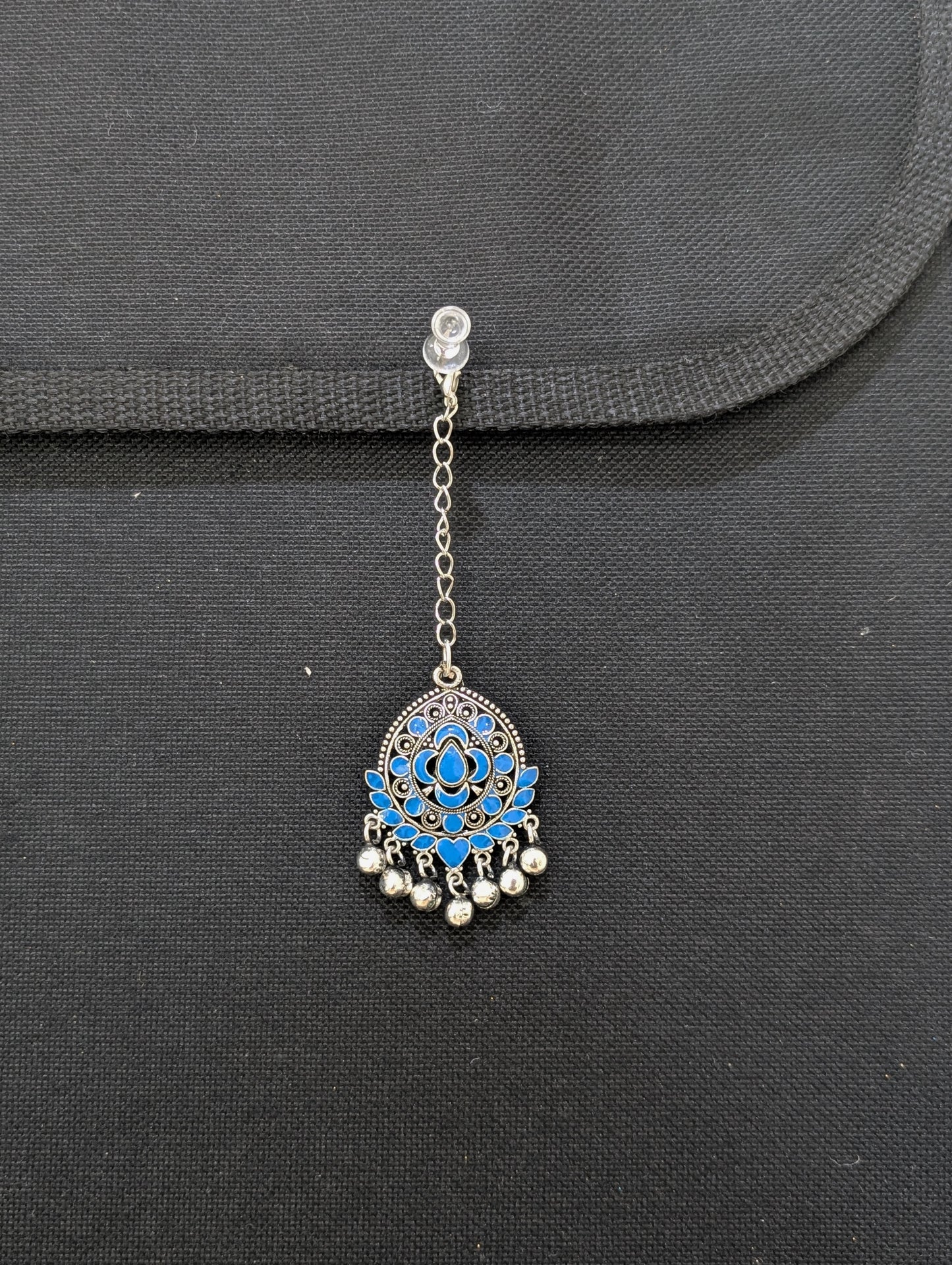 Oxidized Silver Blue enamel tear drop Maang Tikka - Simpliful