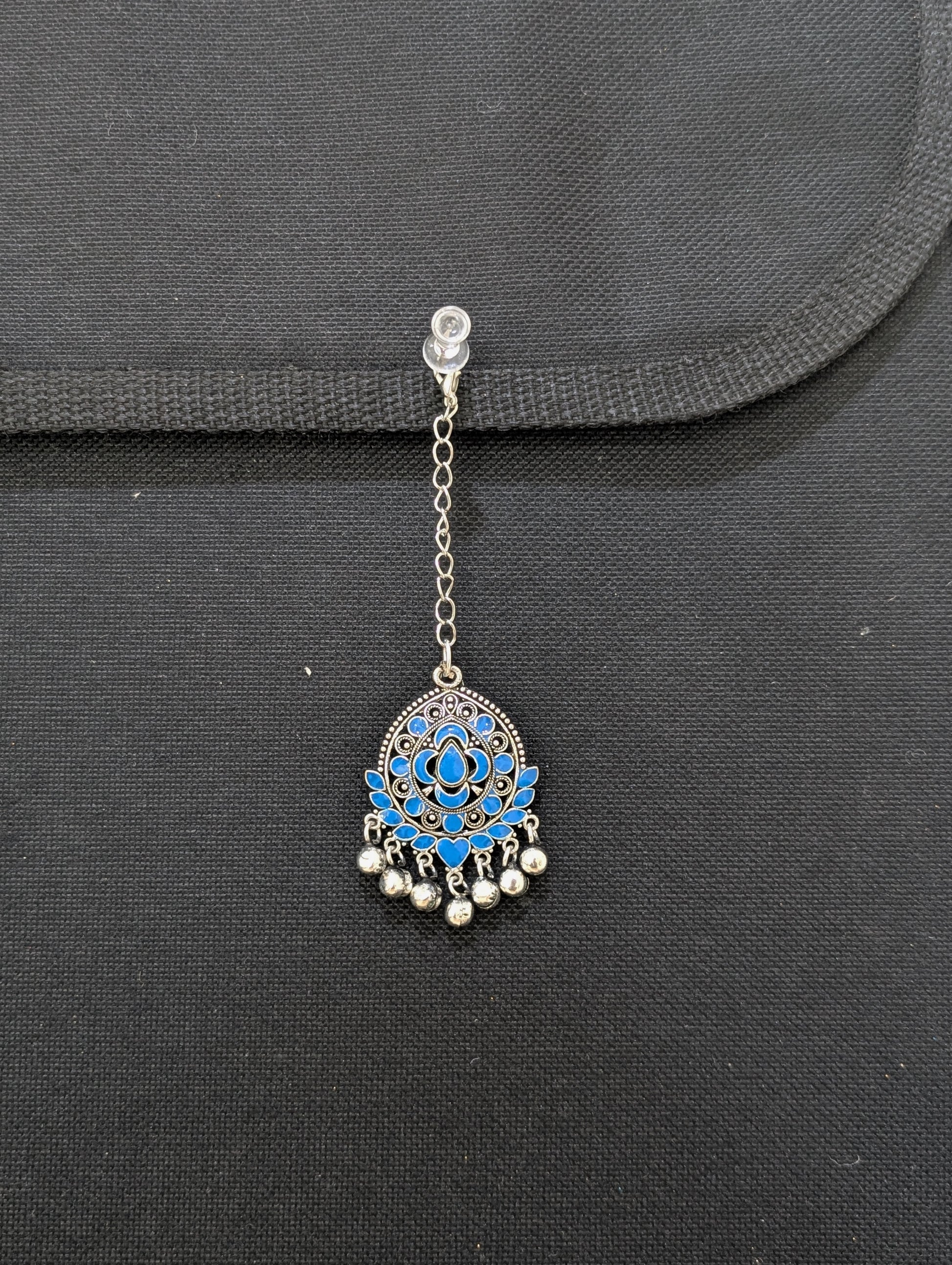 Oxidized Silver Blue enamel tear drop Maang Tikka - Simpliful