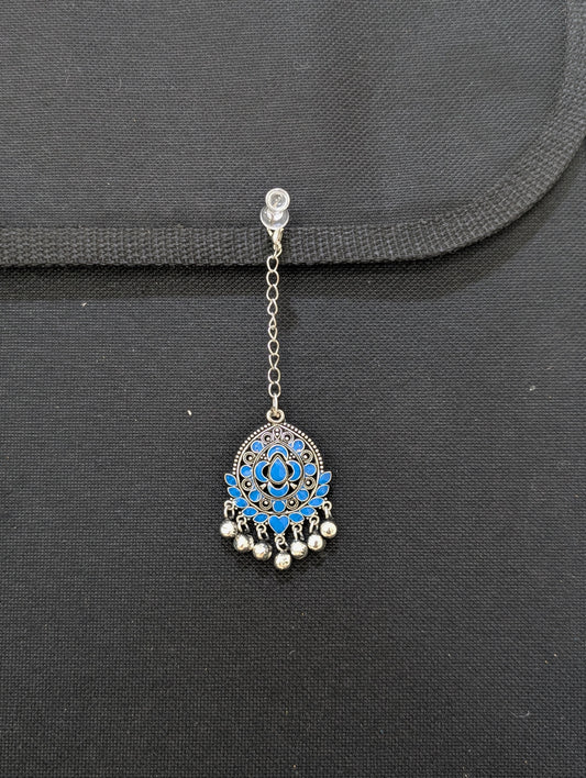 Oxidized Silver Blue enamel tear drop Maang Tikka - Simpliful